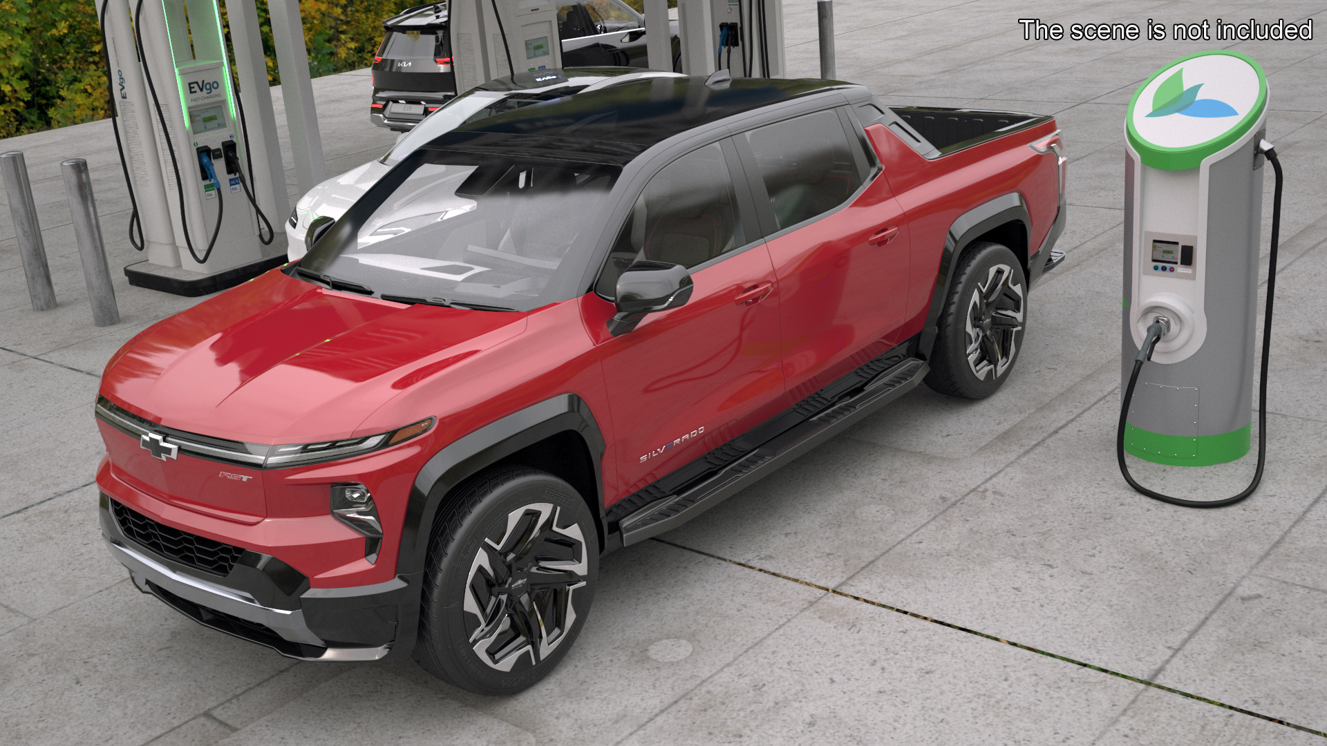 3D Red Chevrolet Silverado EV with eVgo Electric Car Charging Station