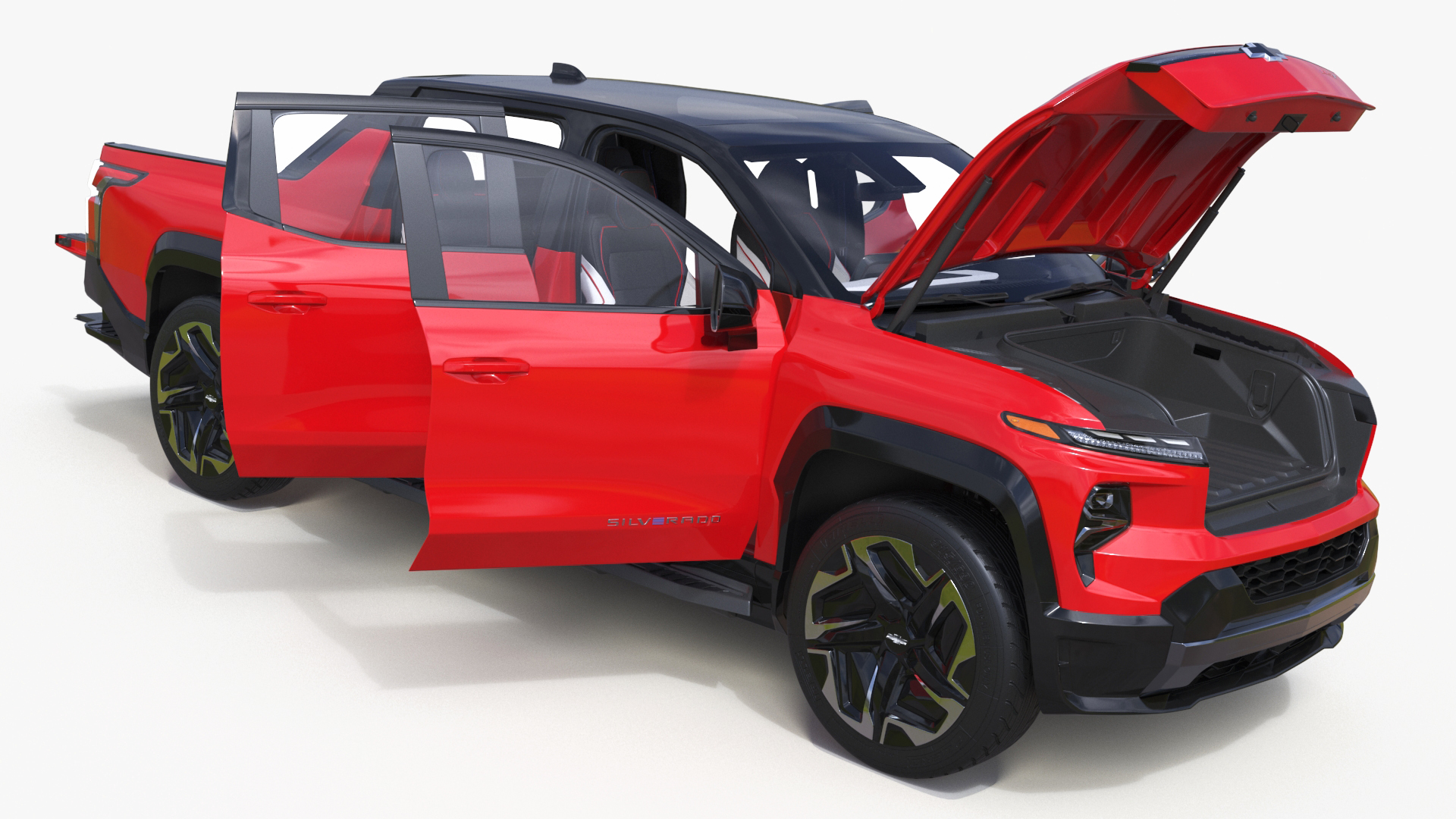 3D Red Chevrolet Silverado EV with eVgo Electric Car Charging Station