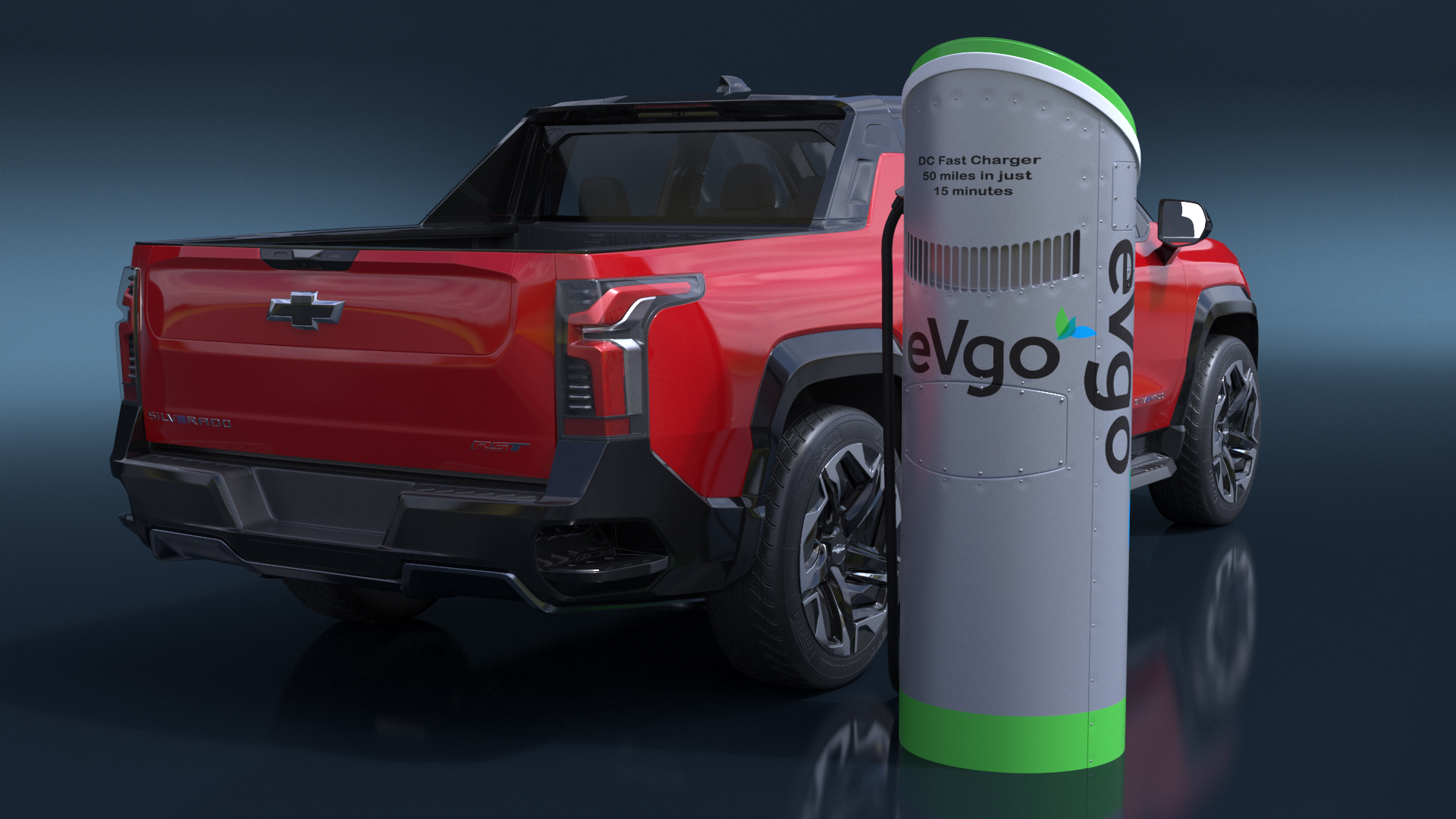 3D Red Chevrolet Silverado EV with eVgo Electric Car Charging Station