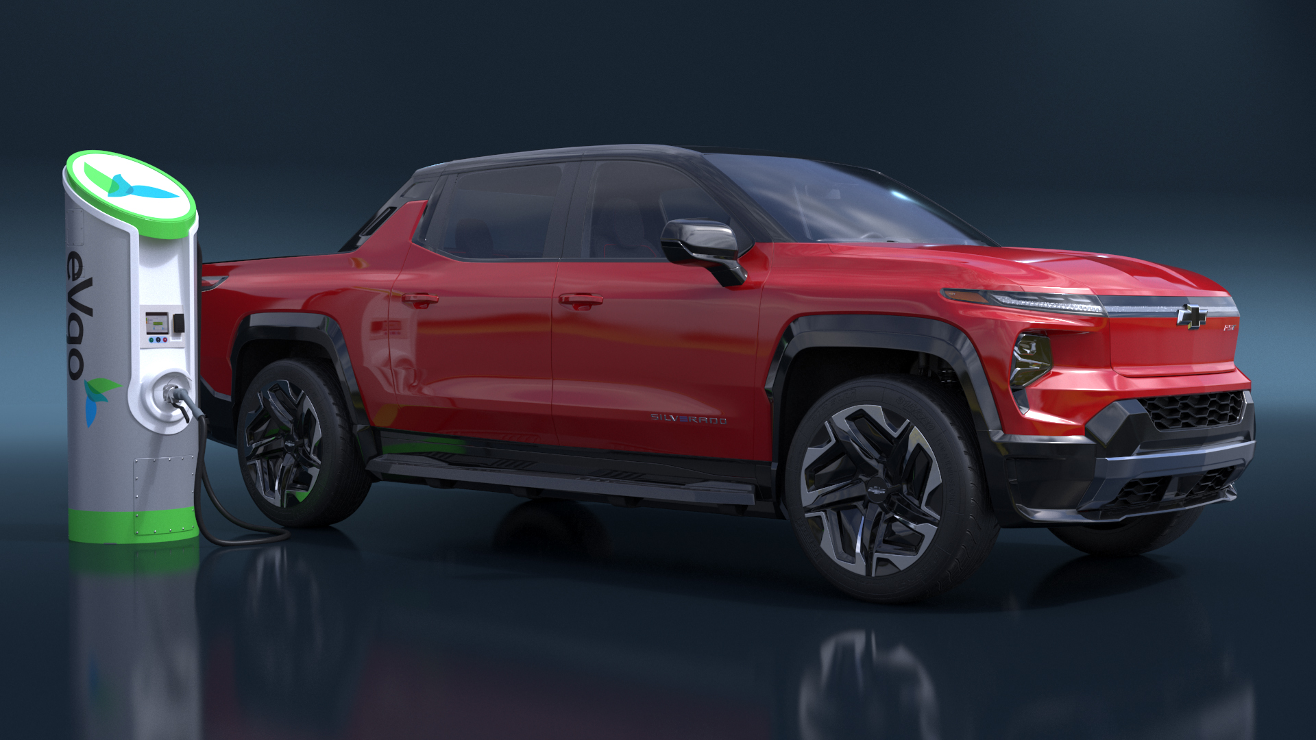 3D Red Chevrolet Silverado EV with eVgo Electric Car Charging Station