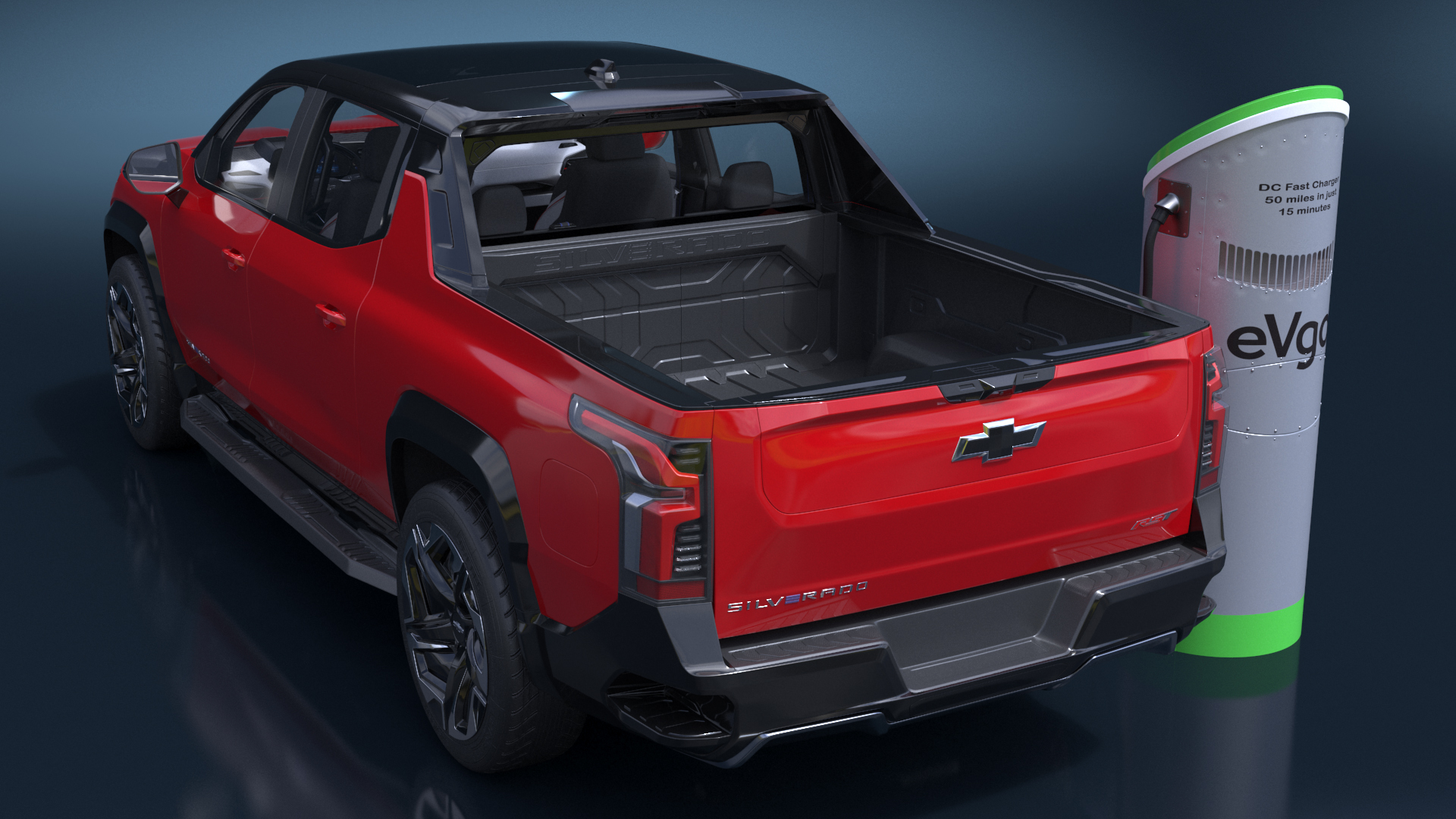 3D Red Chevrolet Silverado EV with eVgo Electric Car Charging Station