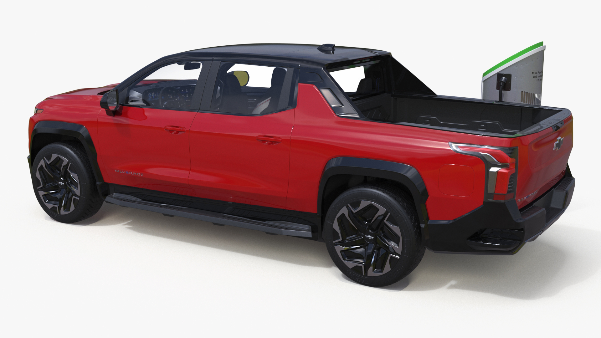 3D Red Chevrolet Silverado EV with eVgo Electric Car Charging Station