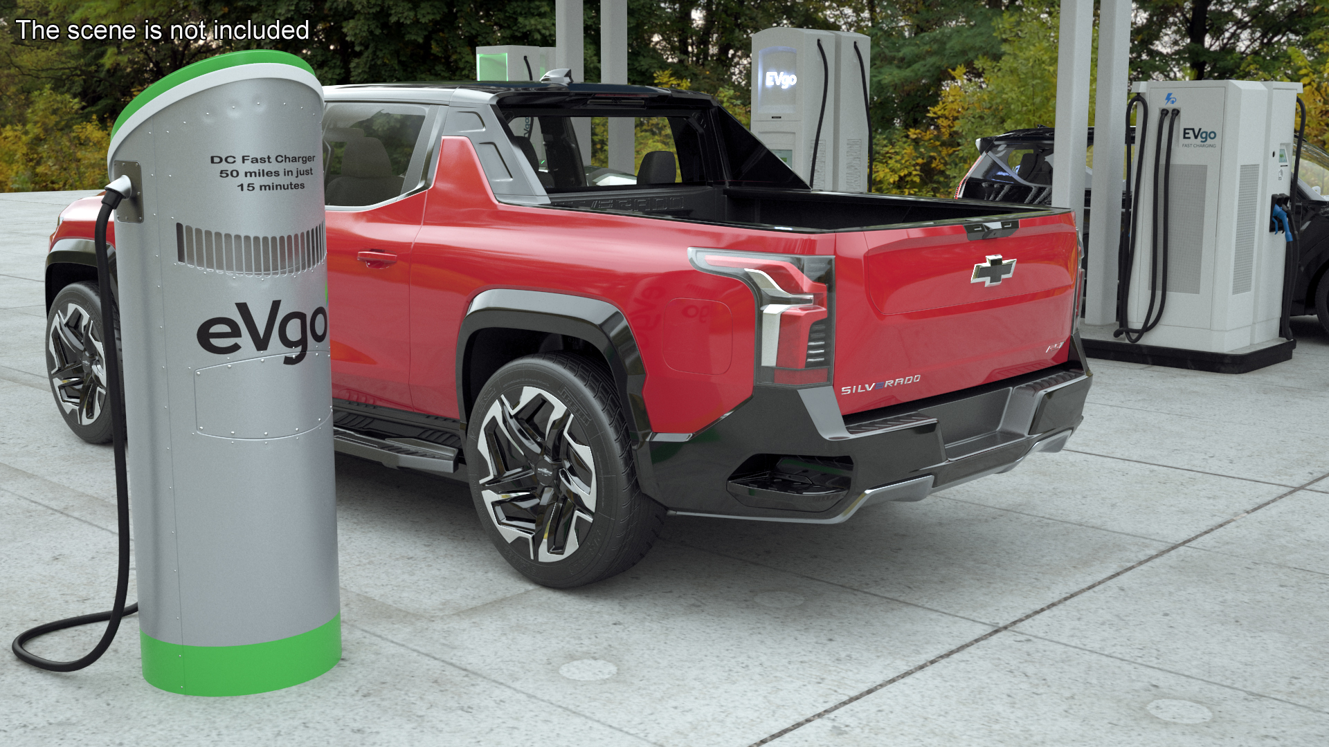 3D Red Chevrolet Silverado EV with eVgo Electric Car Charging Station