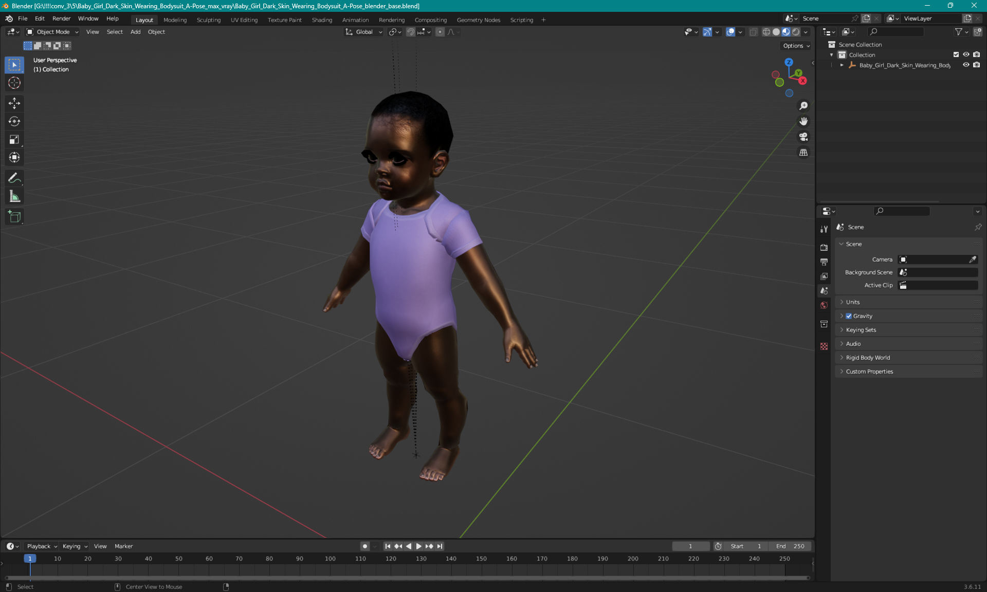 3D Baby Girl Dark Skin Wearing Bodysuit A-Pose model