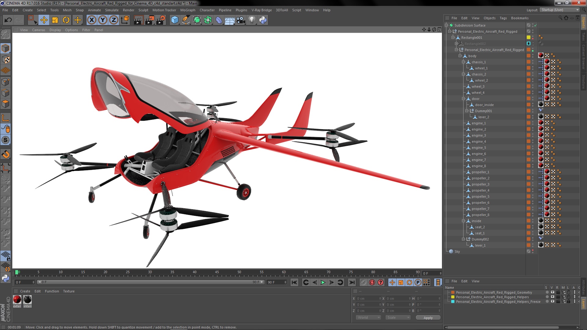 3D Personal Electric Aircraft Red Rigged for Cinema 4D