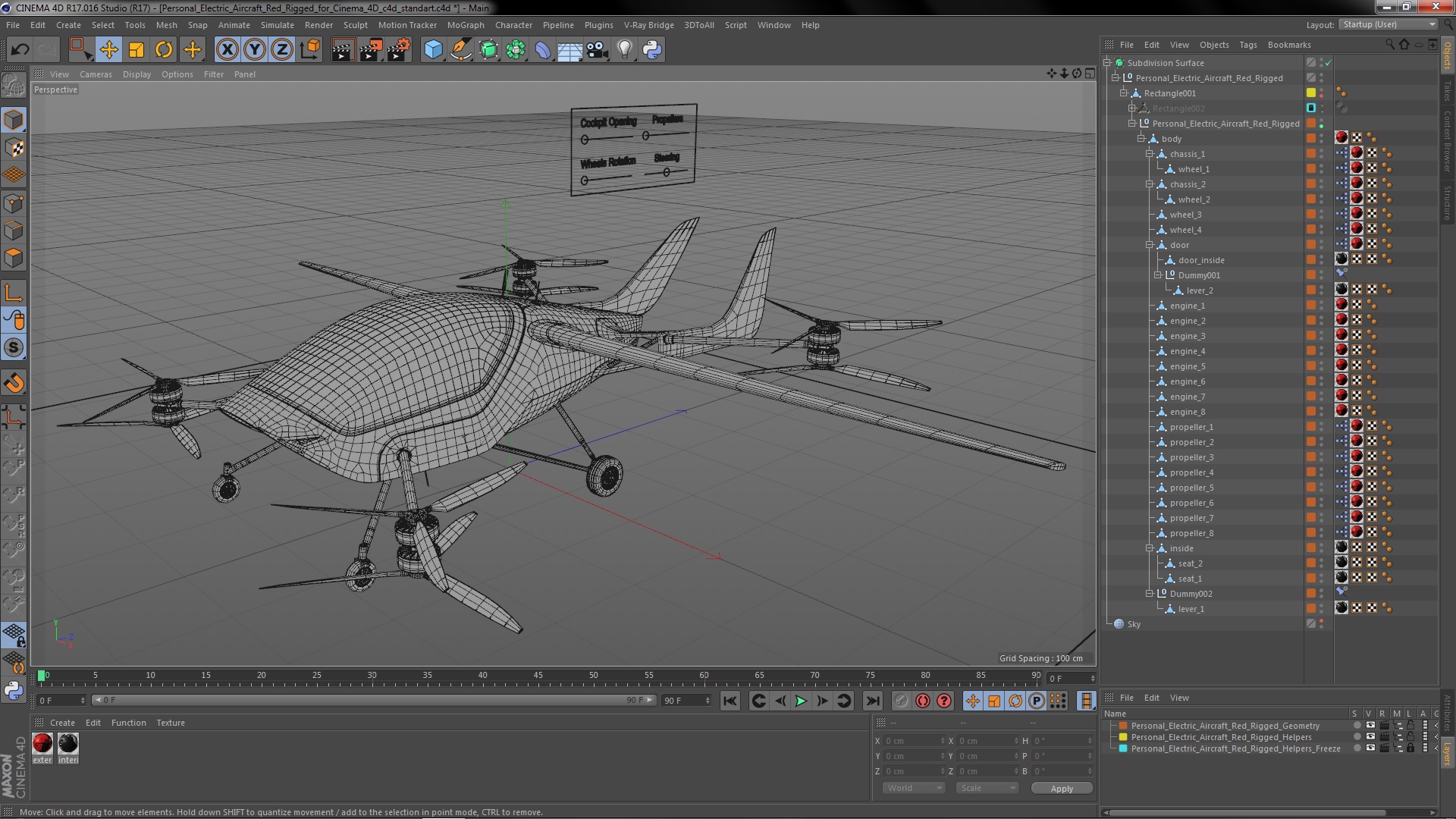 3D Personal Electric Aircraft Red Rigged for Cinema 4D