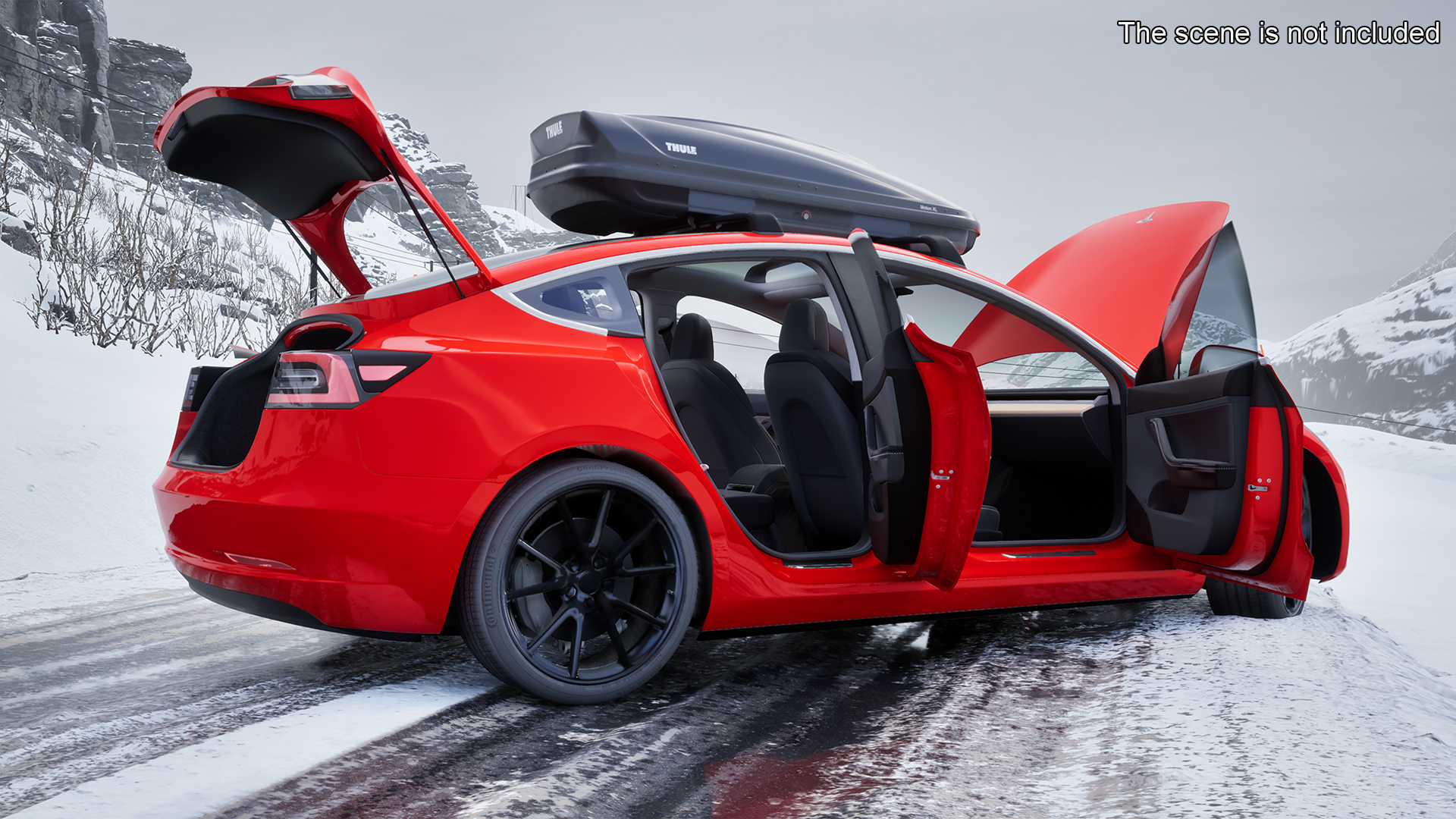 Tesla with Thule Car Roofbox on Roof Rack Rigged for Maya 3D