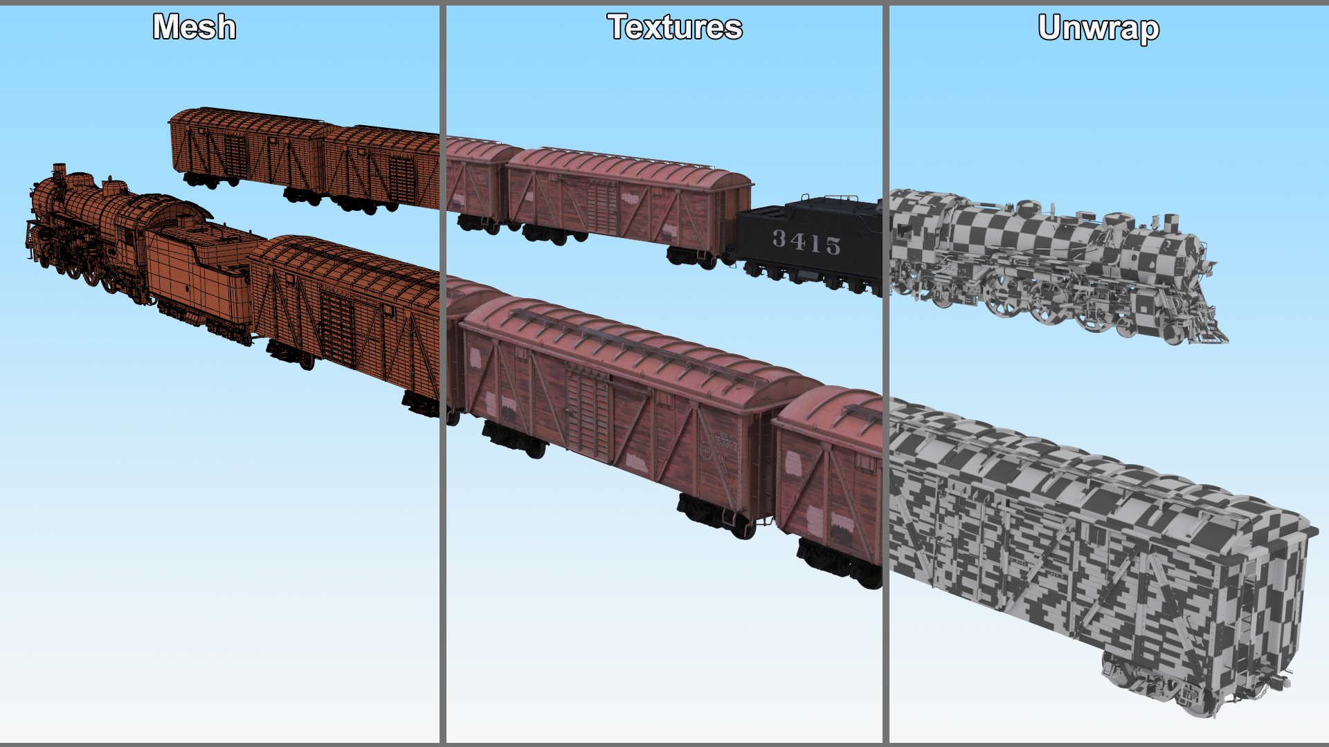 3D model Steam Engine with Freight Cars