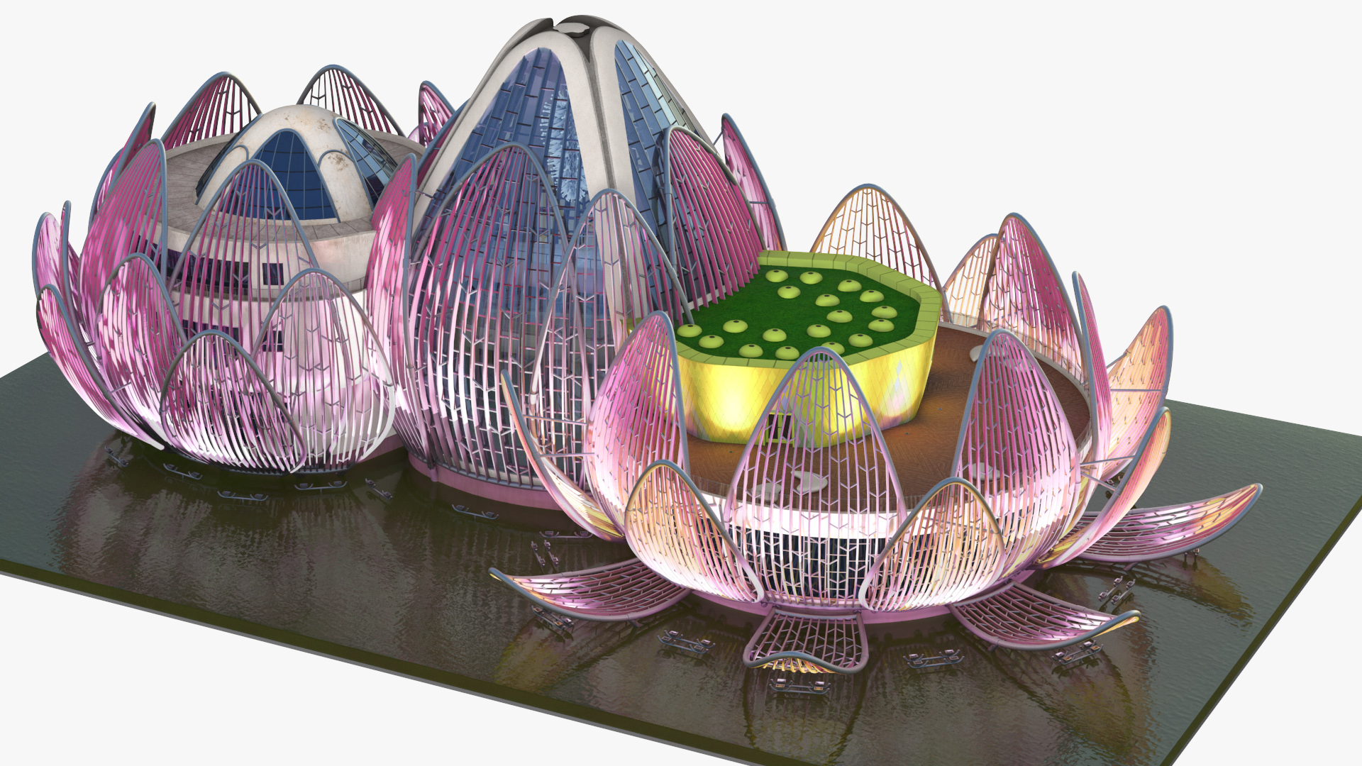 3D Wujin Lotus Building Night Lights On