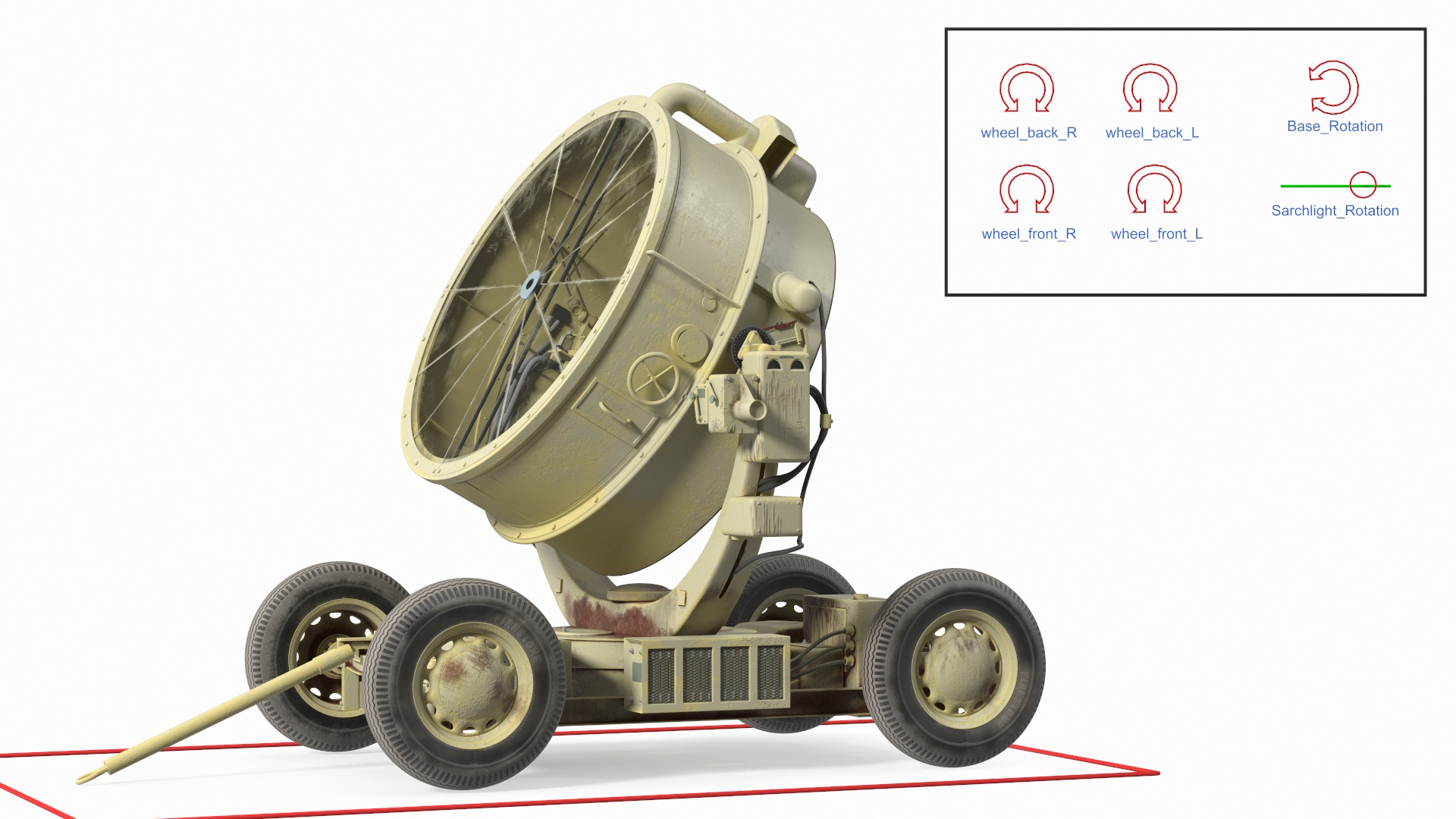 Wheeled Military Searchlight Old Rigged 3D model