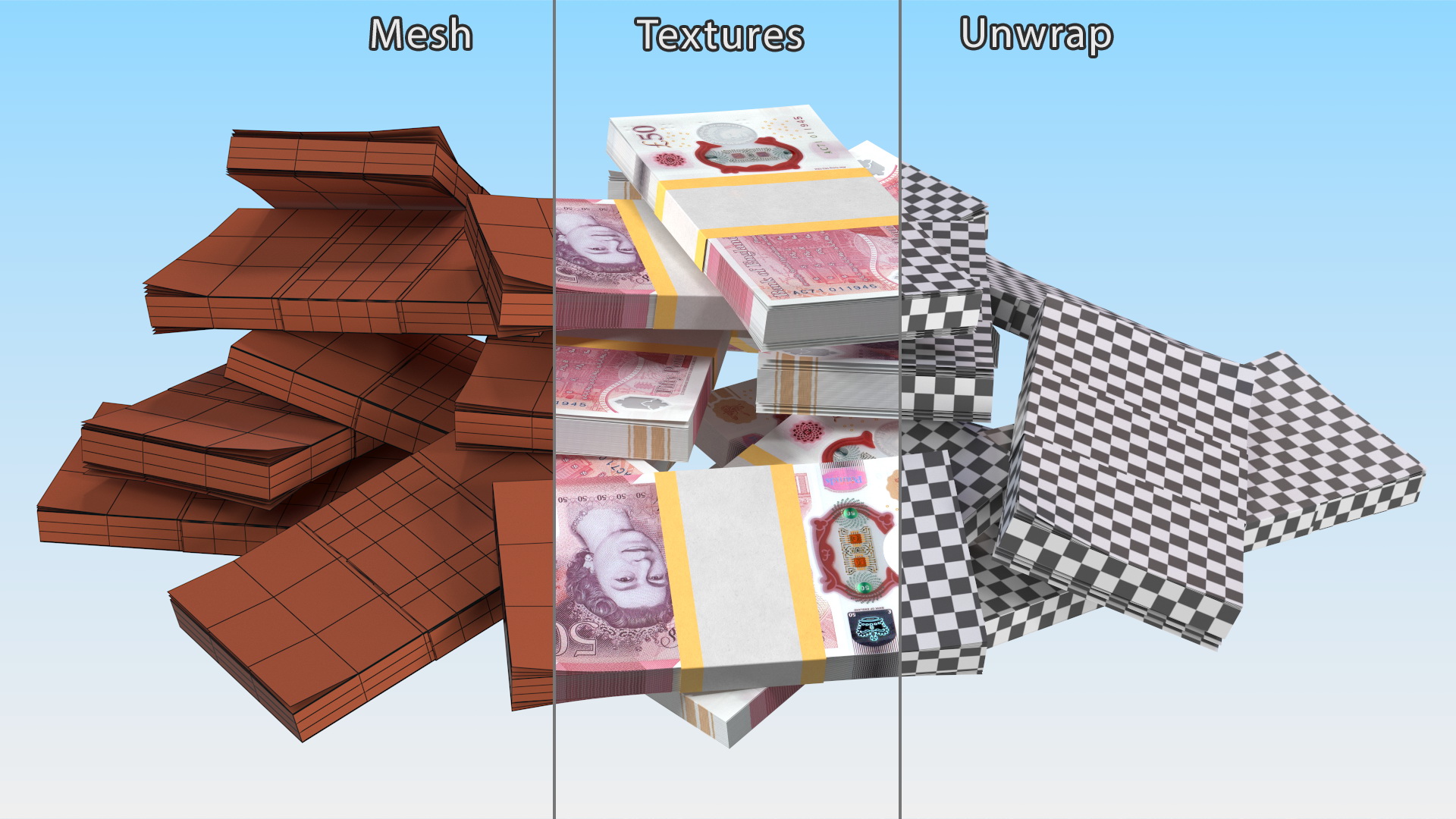 3D Pile of Money 50 Pounds model