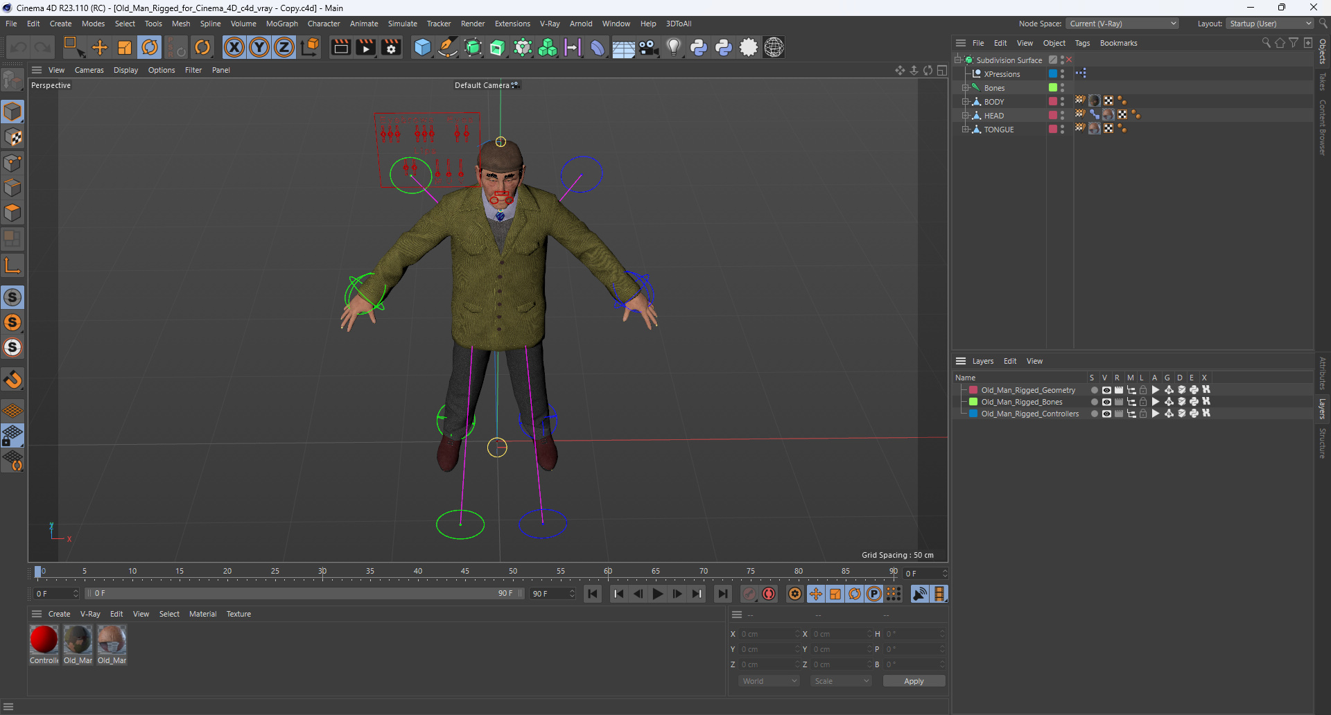 3D Old Man Rigged for Cinema 4D model