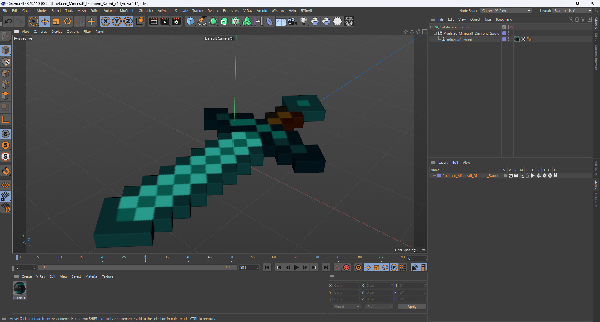 3D Pixelated Minecraft Diamond Sword model