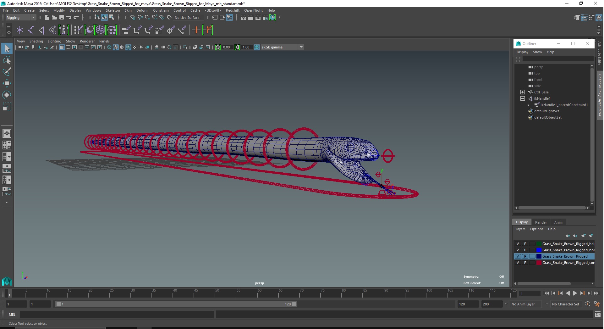 3D Grass Snake Brown Rigged for Maya model