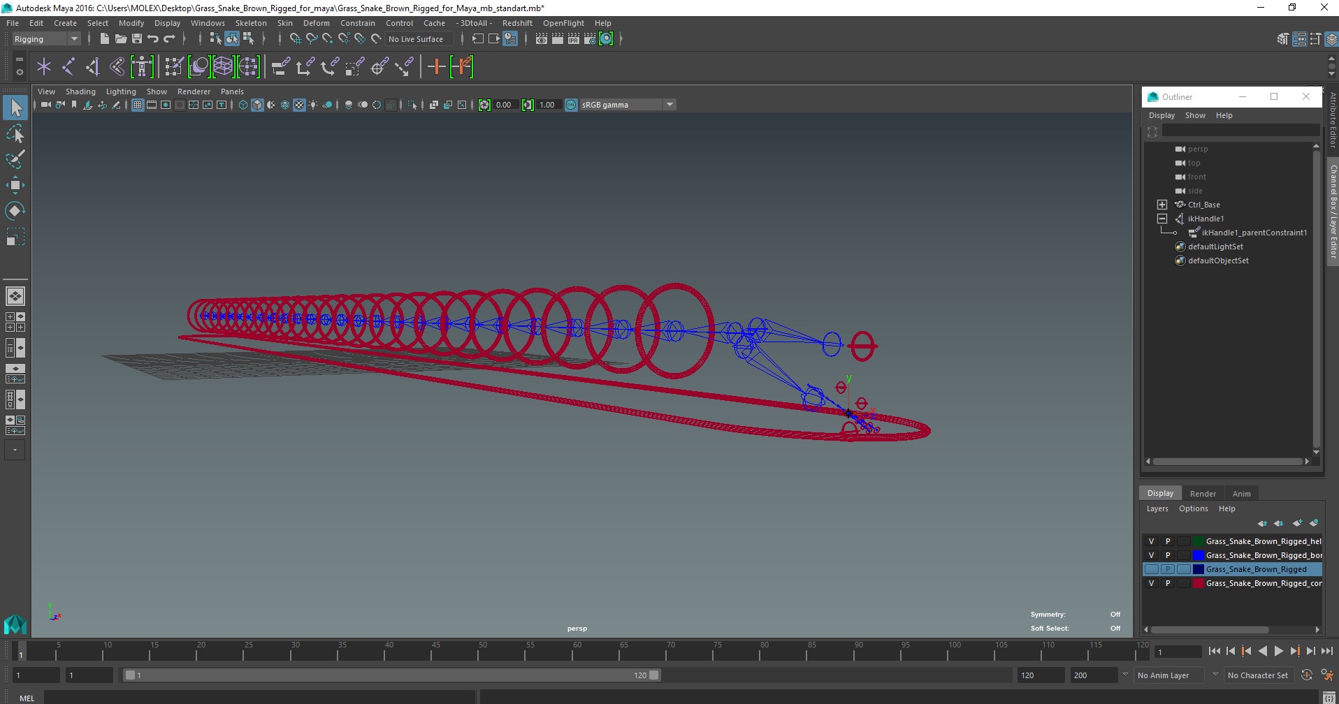 3D Grass Snake Brown Rigged for Maya model