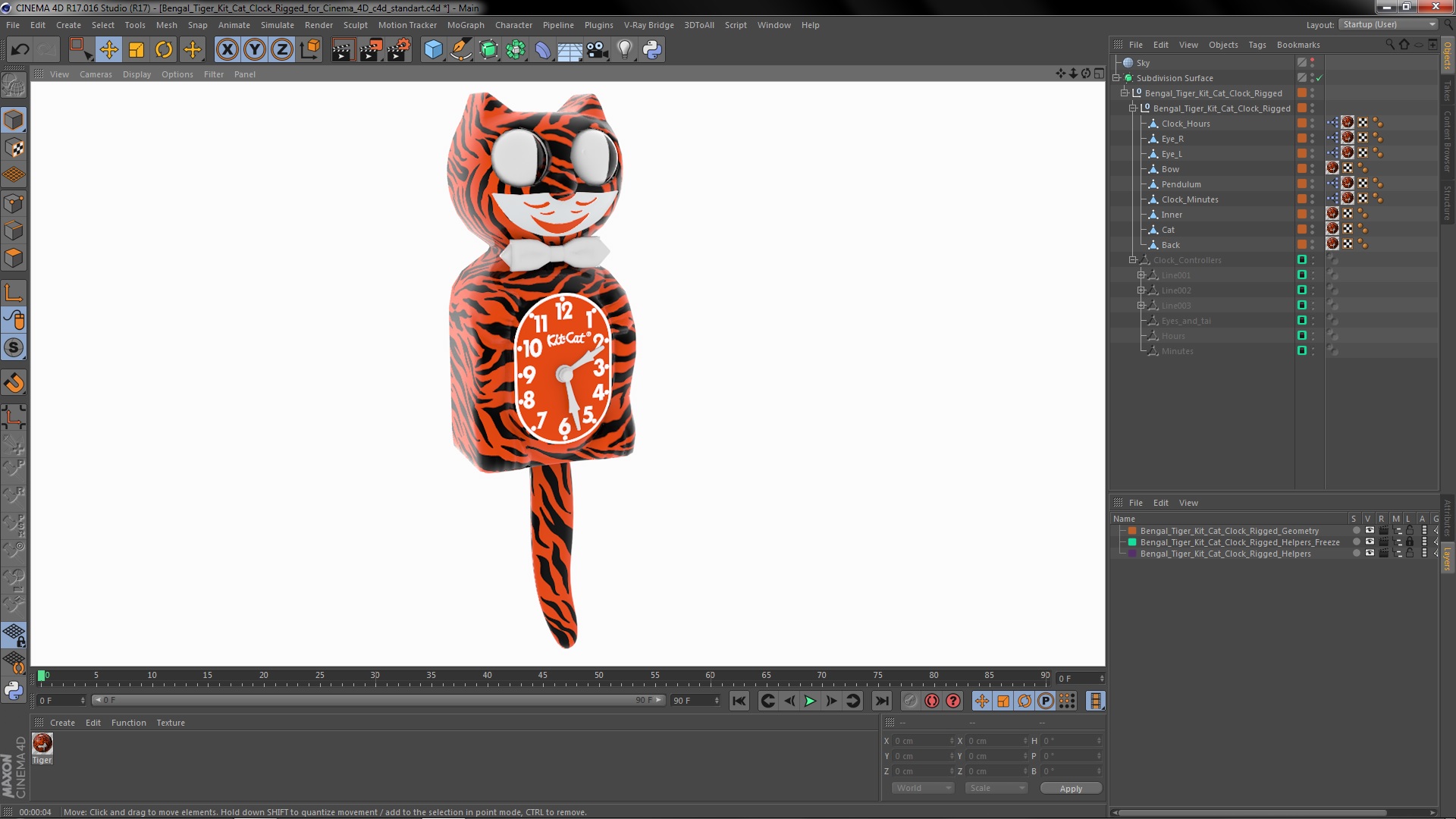 Bengal Tiger Kit Cat Clock Rigged for Cinema 4D 3D