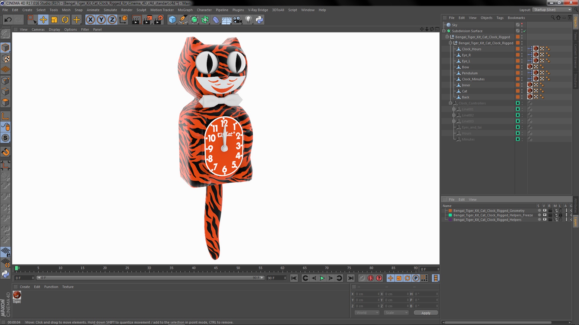 Bengal Tiger Kit Cat Clock Rigged for Cinema 4D 3D