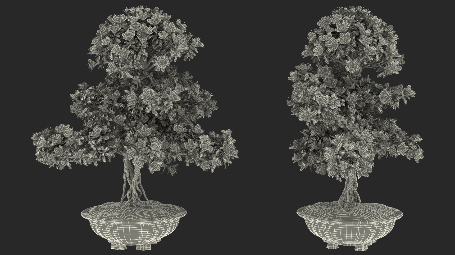 3D Green Bonsai Tree with Flowers in Pot Fur