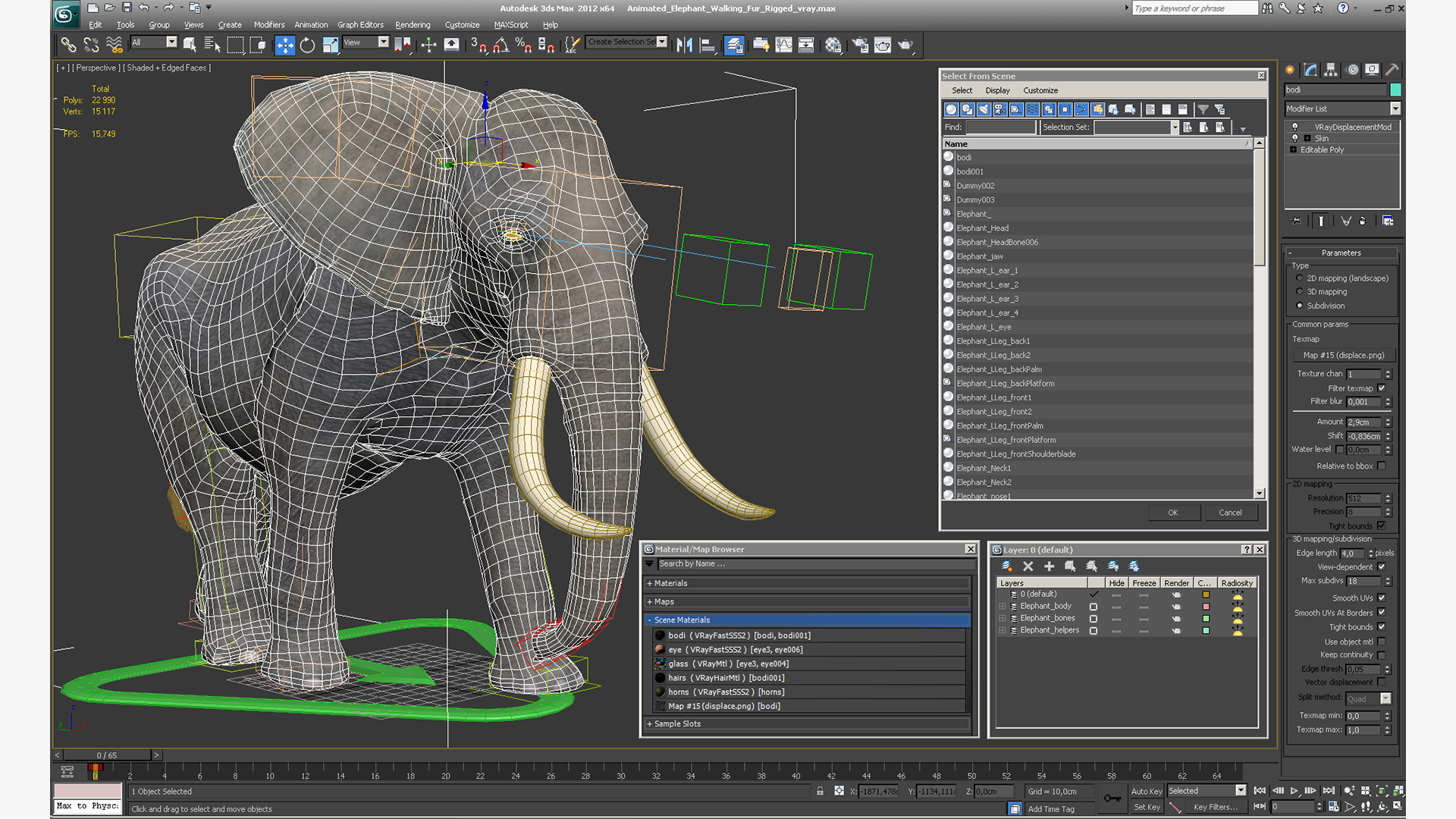 3D Animated Elephant Walking Fur Rigged