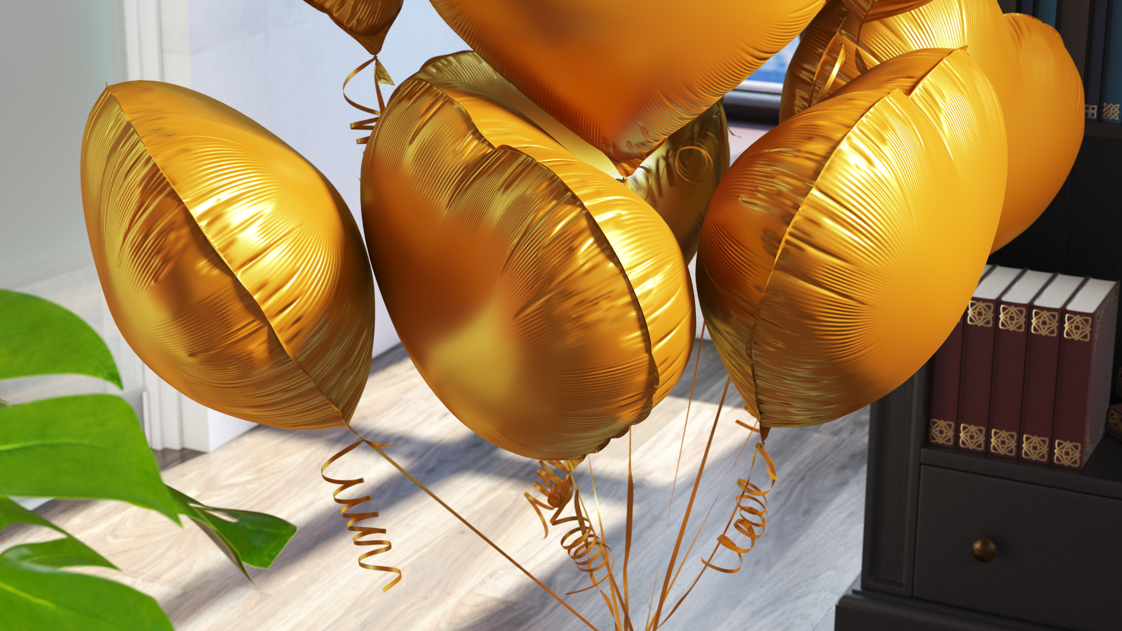 Heart Shaped Matte Gold Balloon Bouquet 3D model