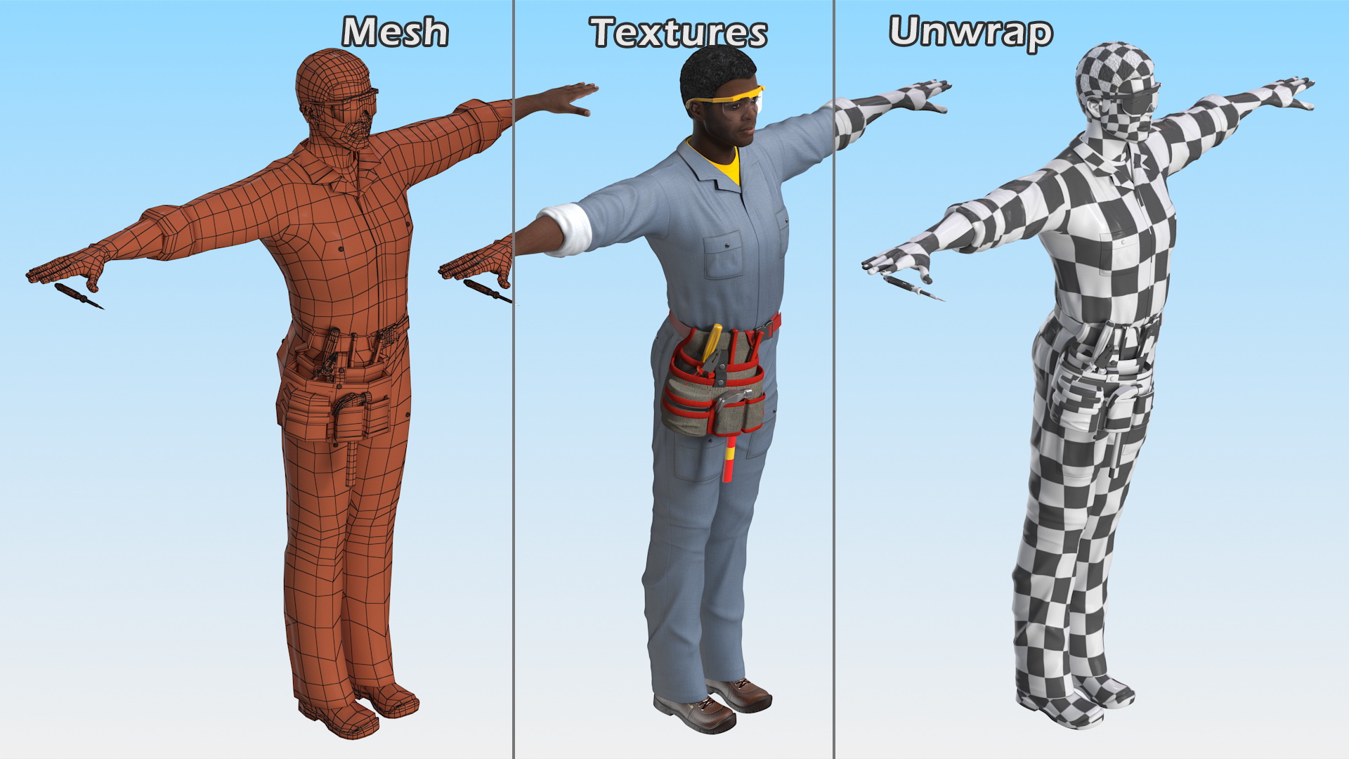 3D Dark Skin Black Man Electrician T Pose model