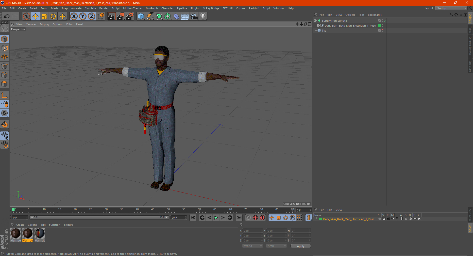 3D Dark Skin Black Man Electrician T Pose model