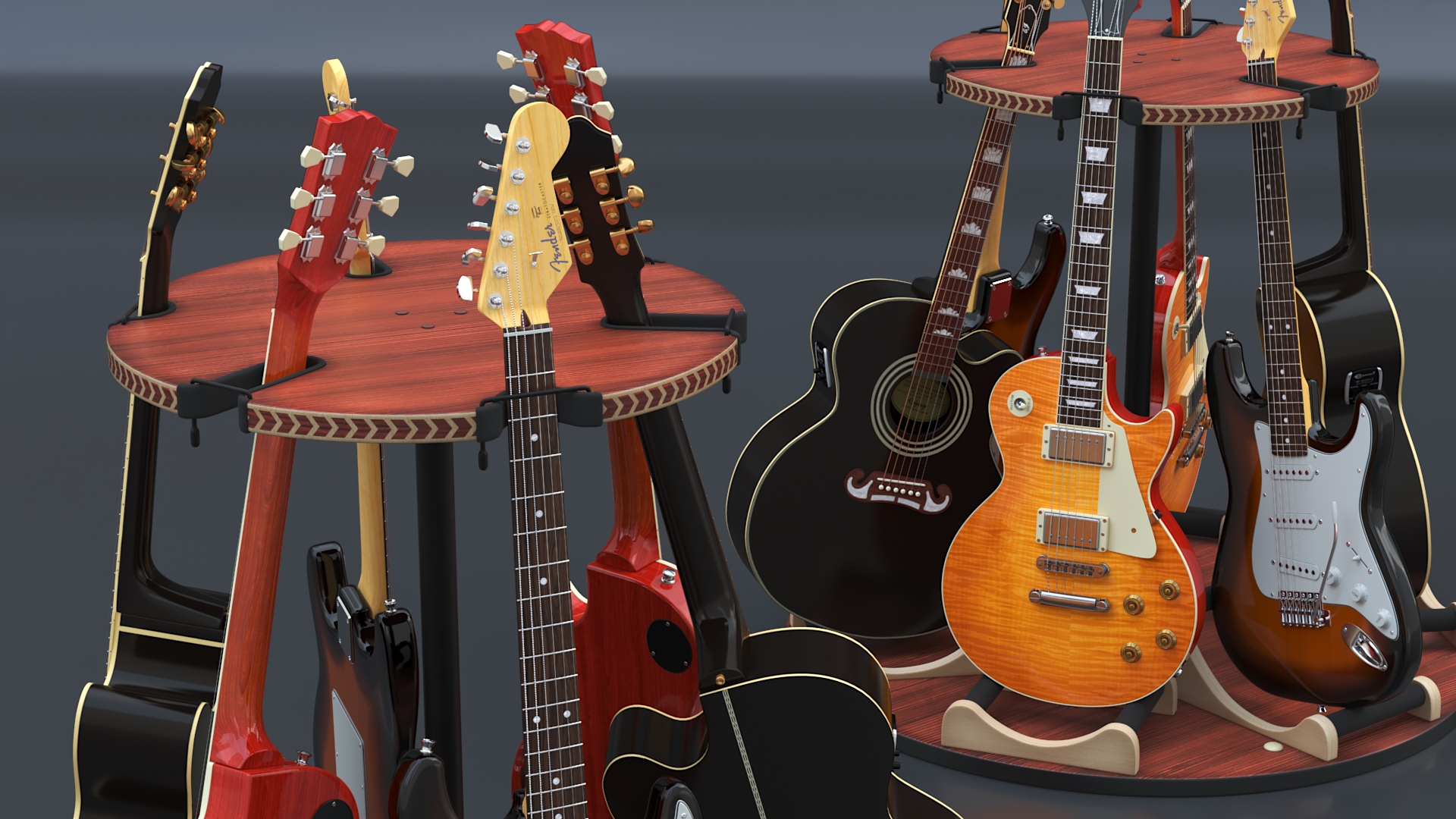 Guitars on Rotating Guitar Stand 3D