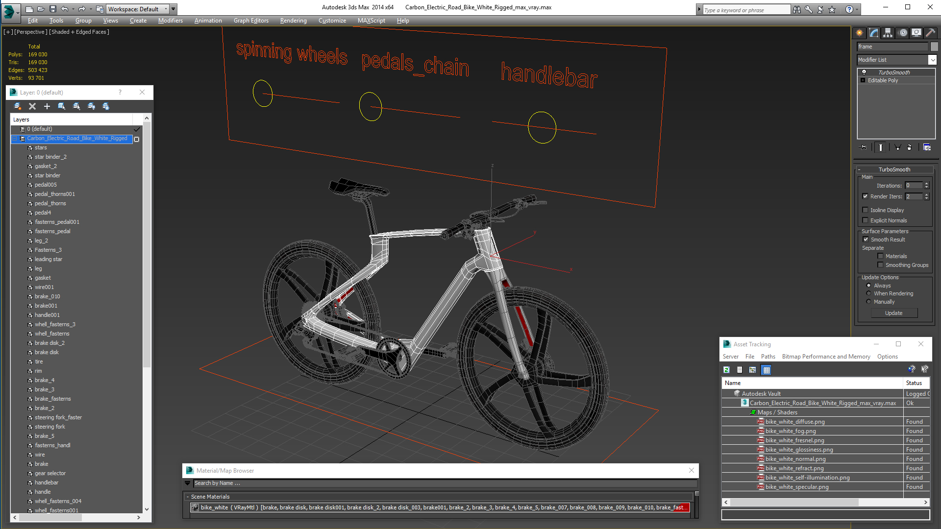 3D Carbon Electric Road Bike White Rigged model