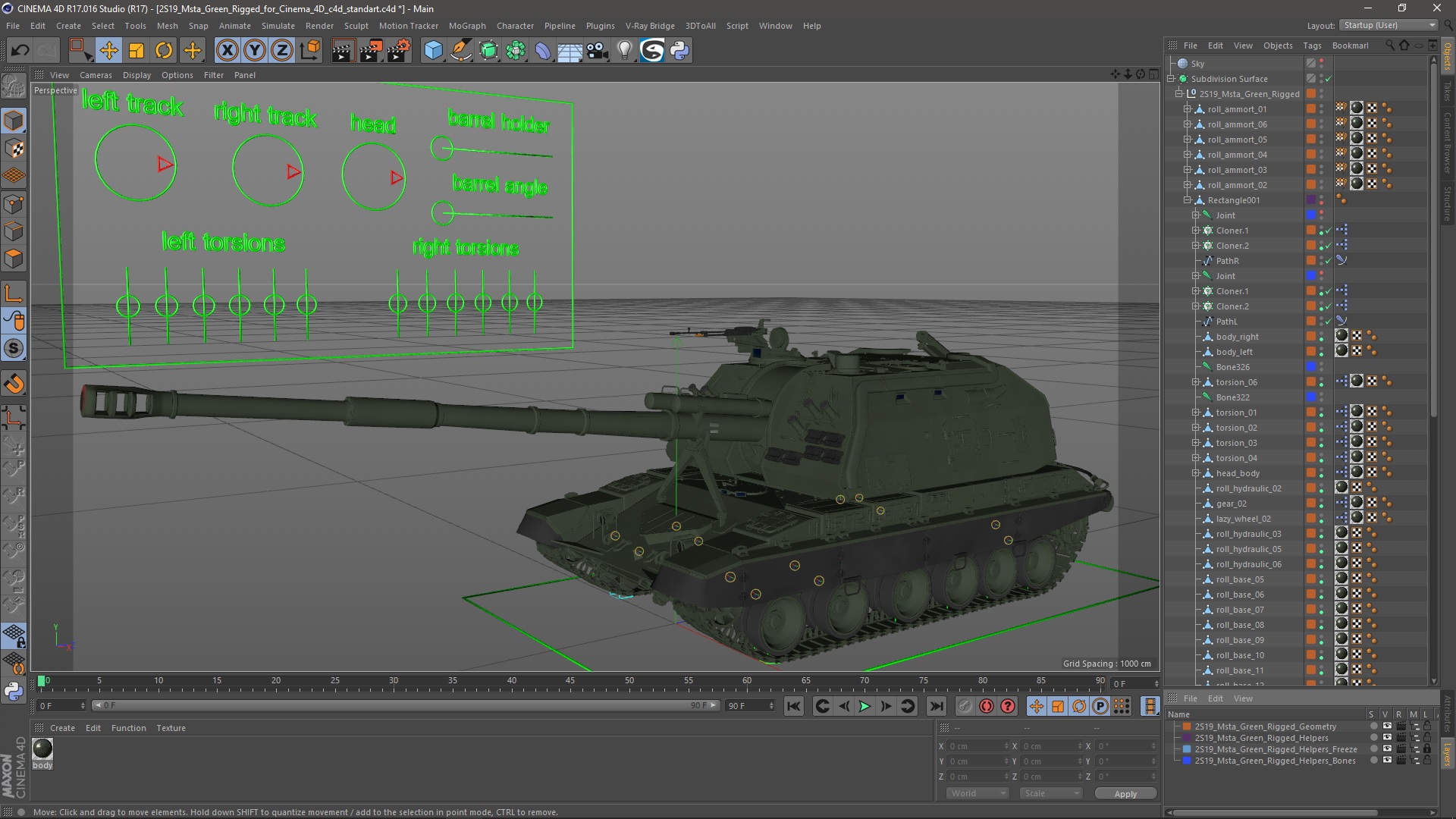 3D 2S19 Msta Green Rigged for Cinema 4D