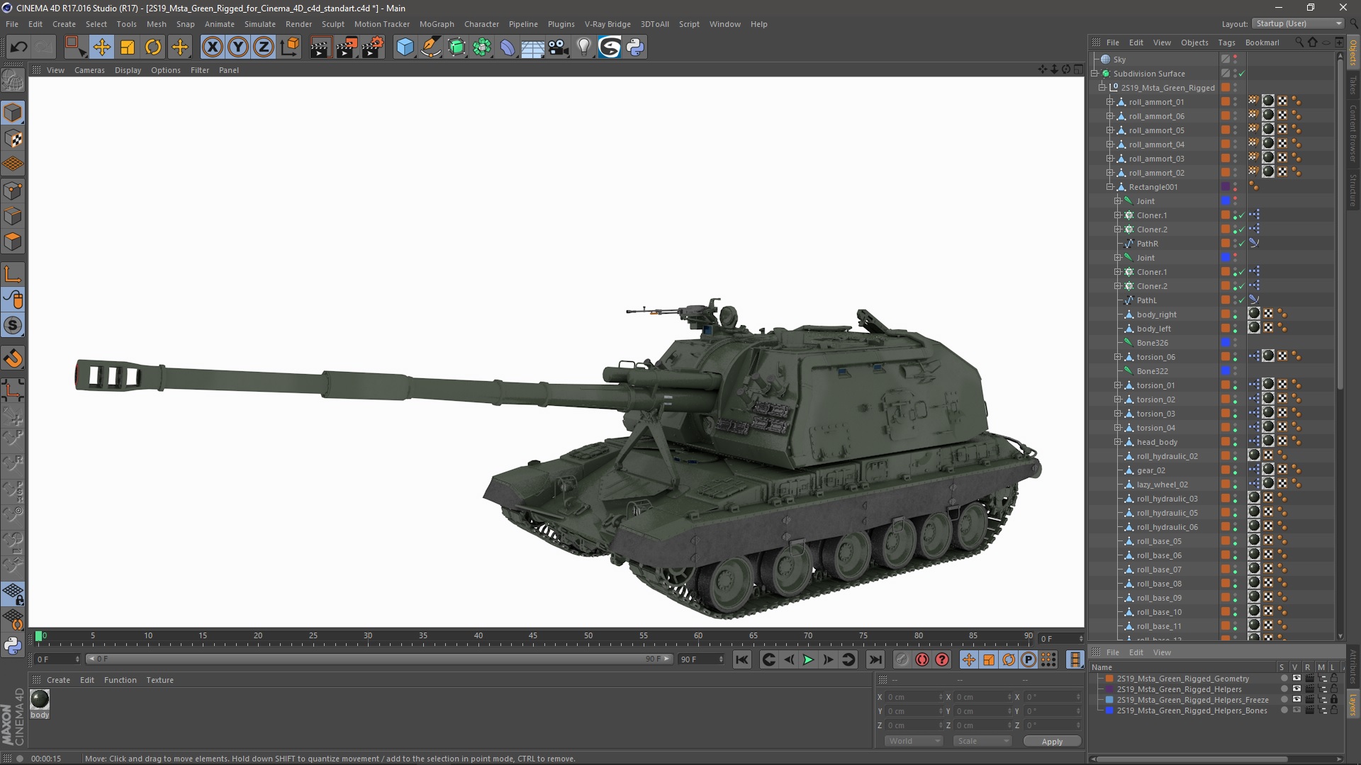 3D 2S19 Msta Green Rigged for Cinema 4D