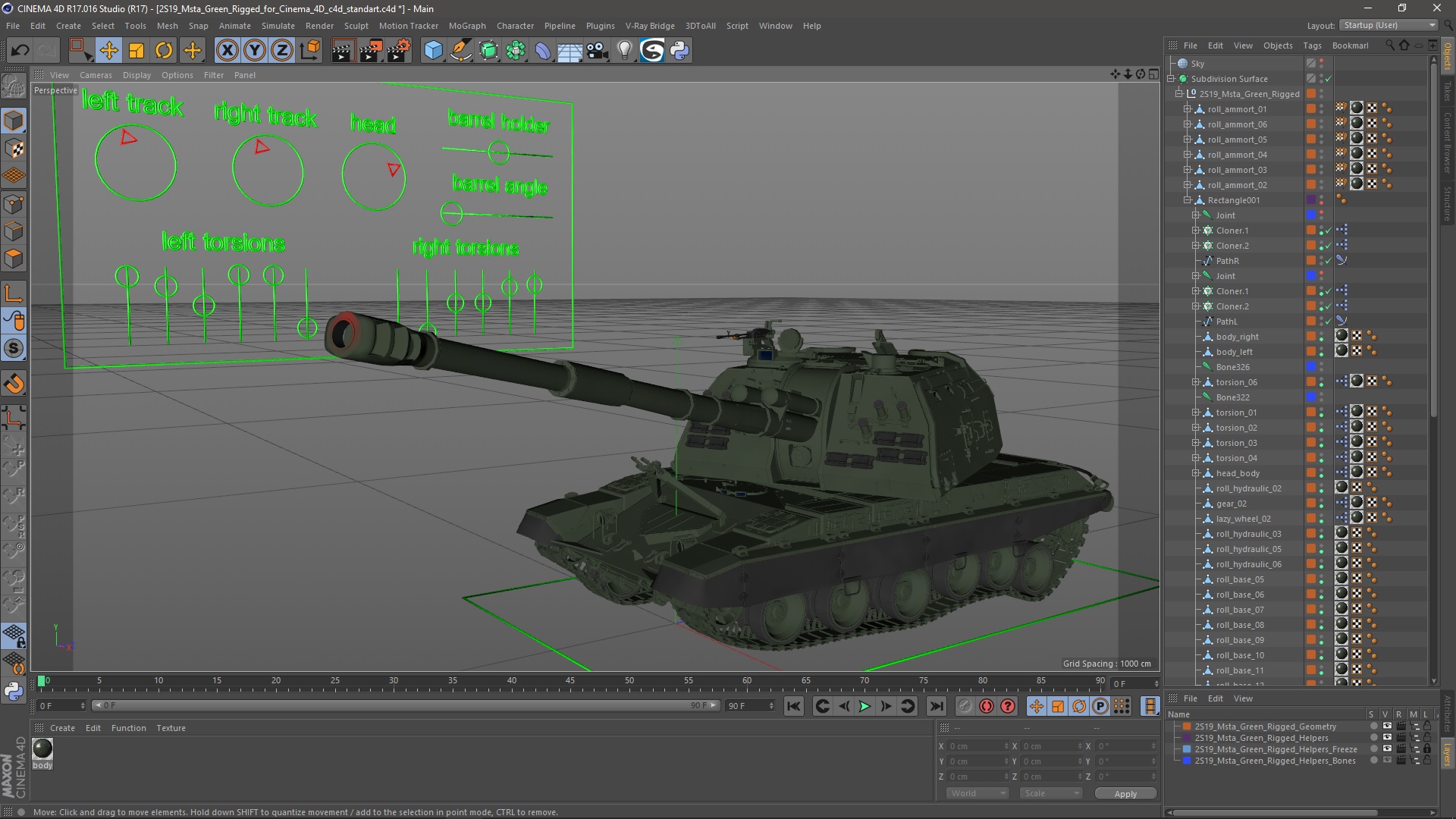 3D 2S19 Msta Green Rigged for Cinema 4D