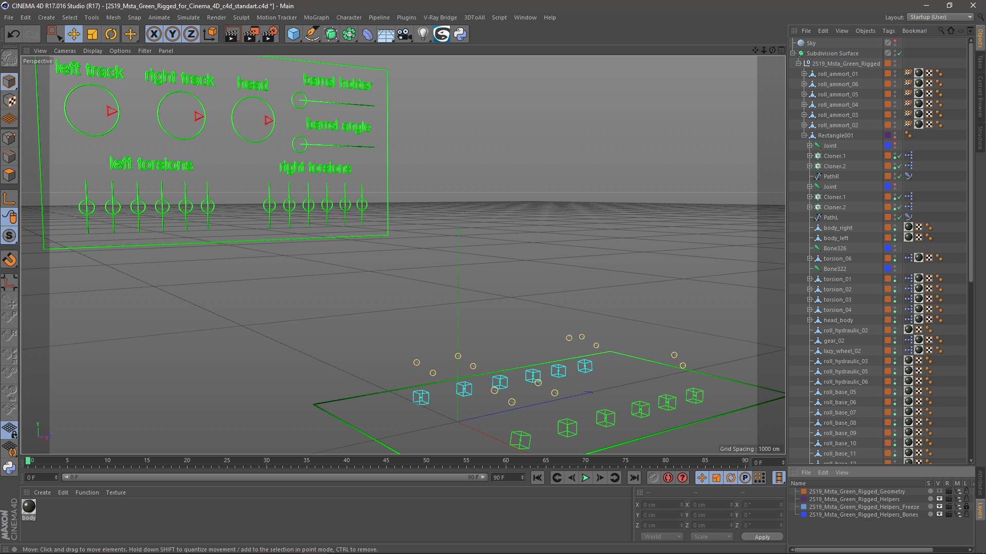 3D 2S19 Msta Green Rigged for Cinema 4D