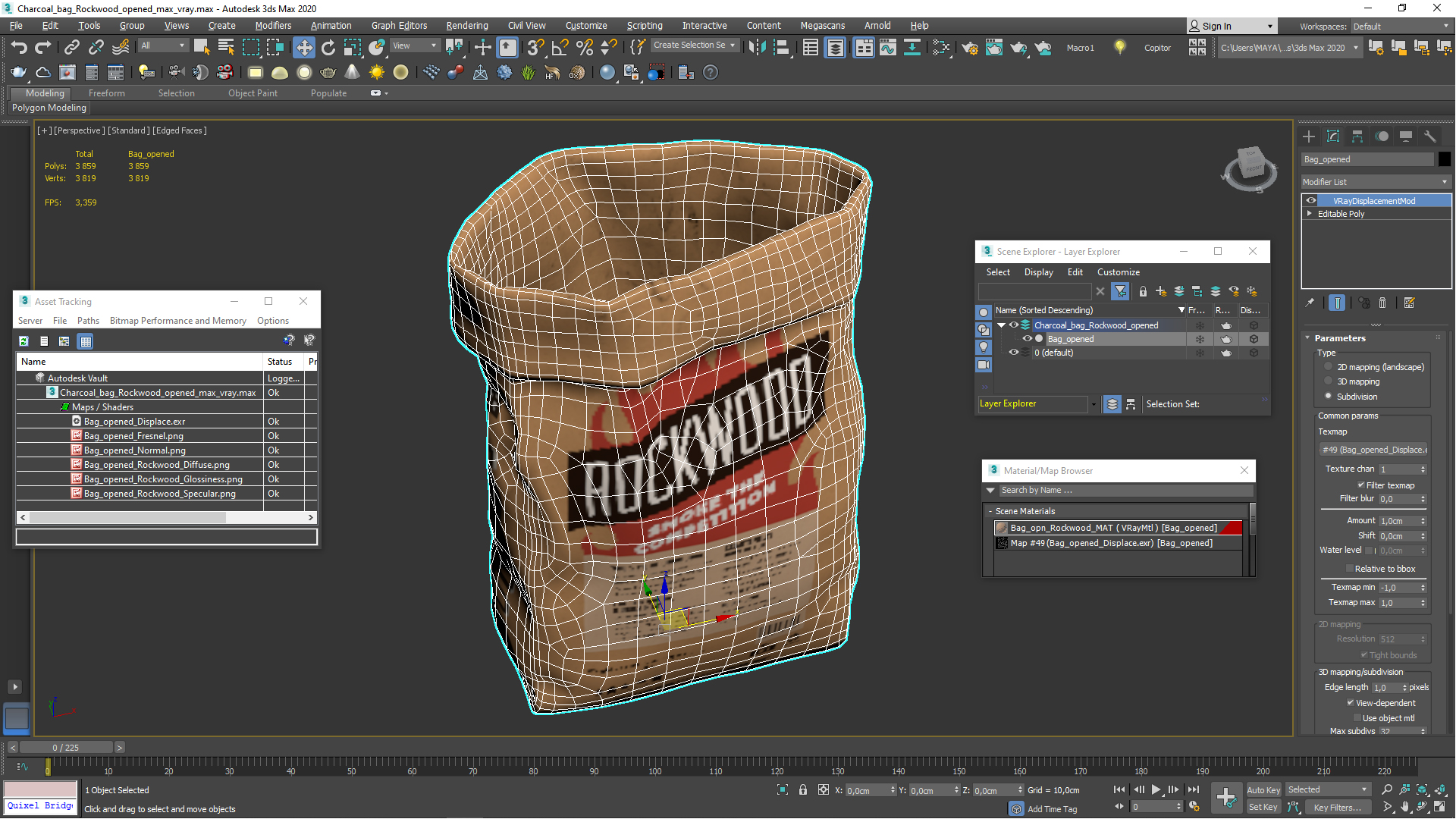 3D Charcoal Bag Rockwood Opened model