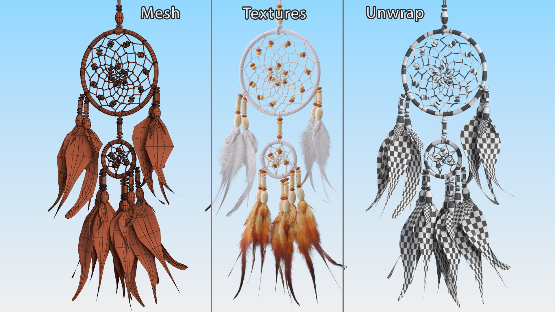 Small Dreamcatcher with Feathers and Beads 3D