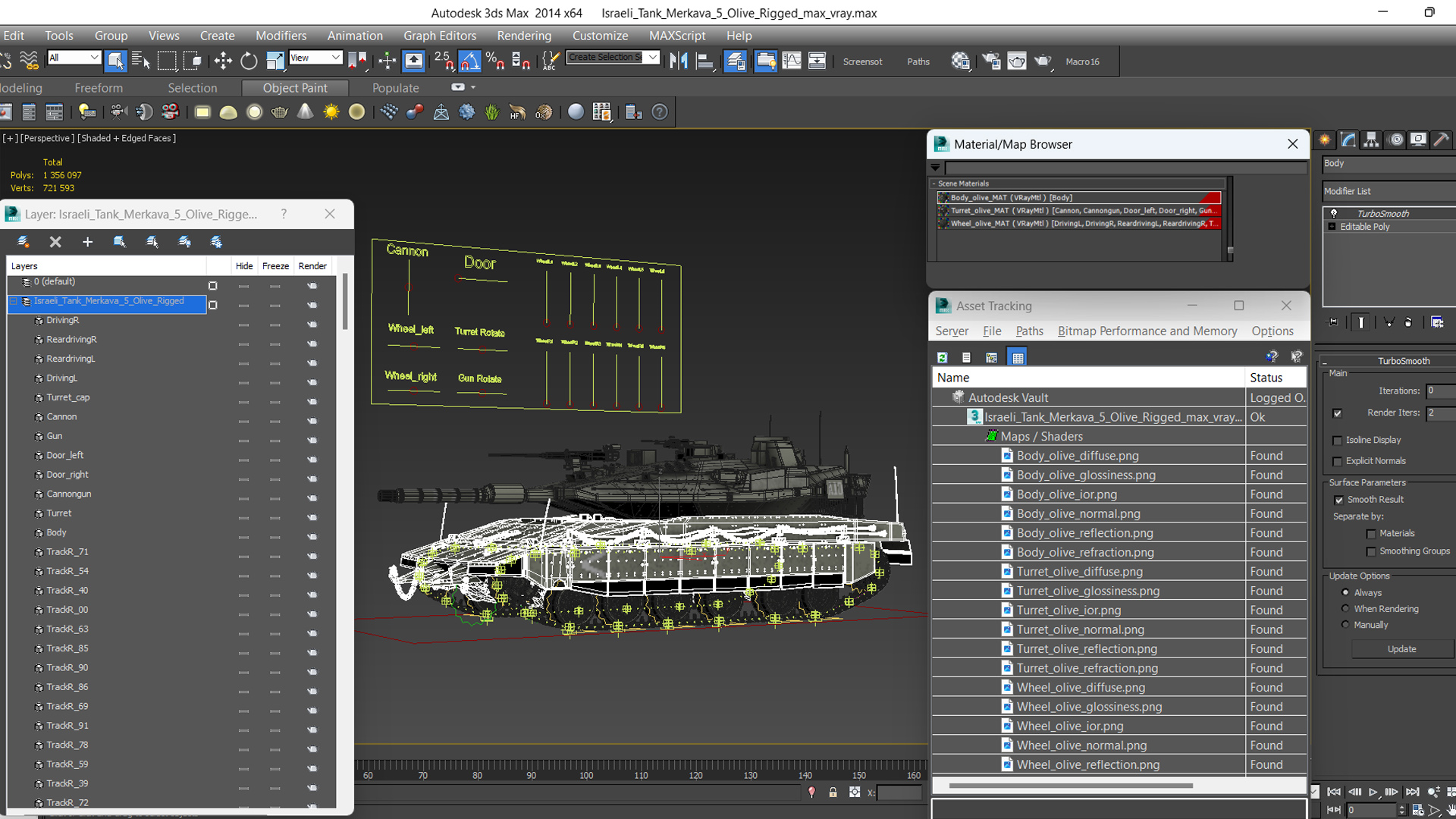 3D model Israeli Tank Merkava 5 Olive Rigged