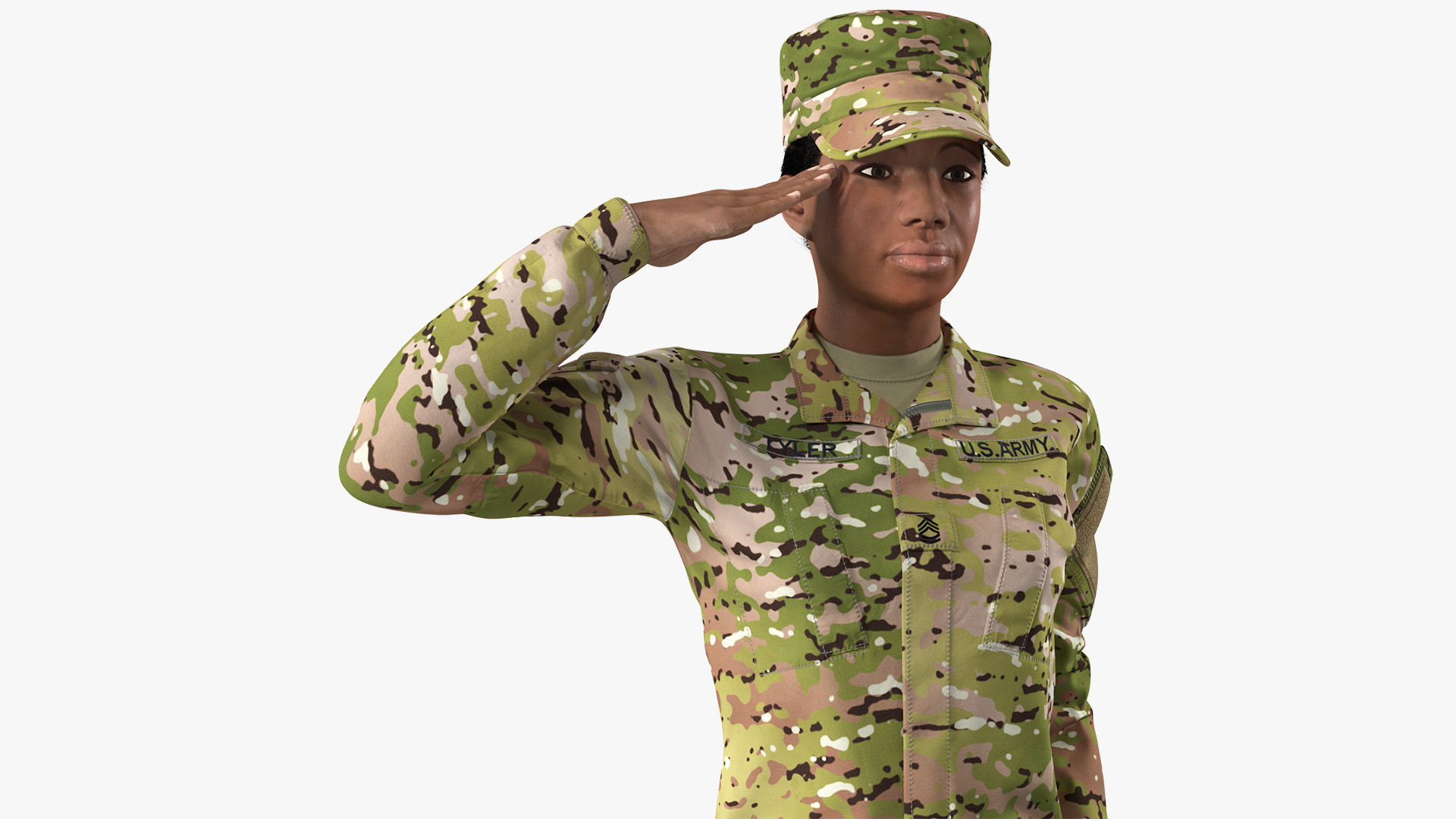 3D model Black Female Soldier Green Camouflage Saluting Pose Fur