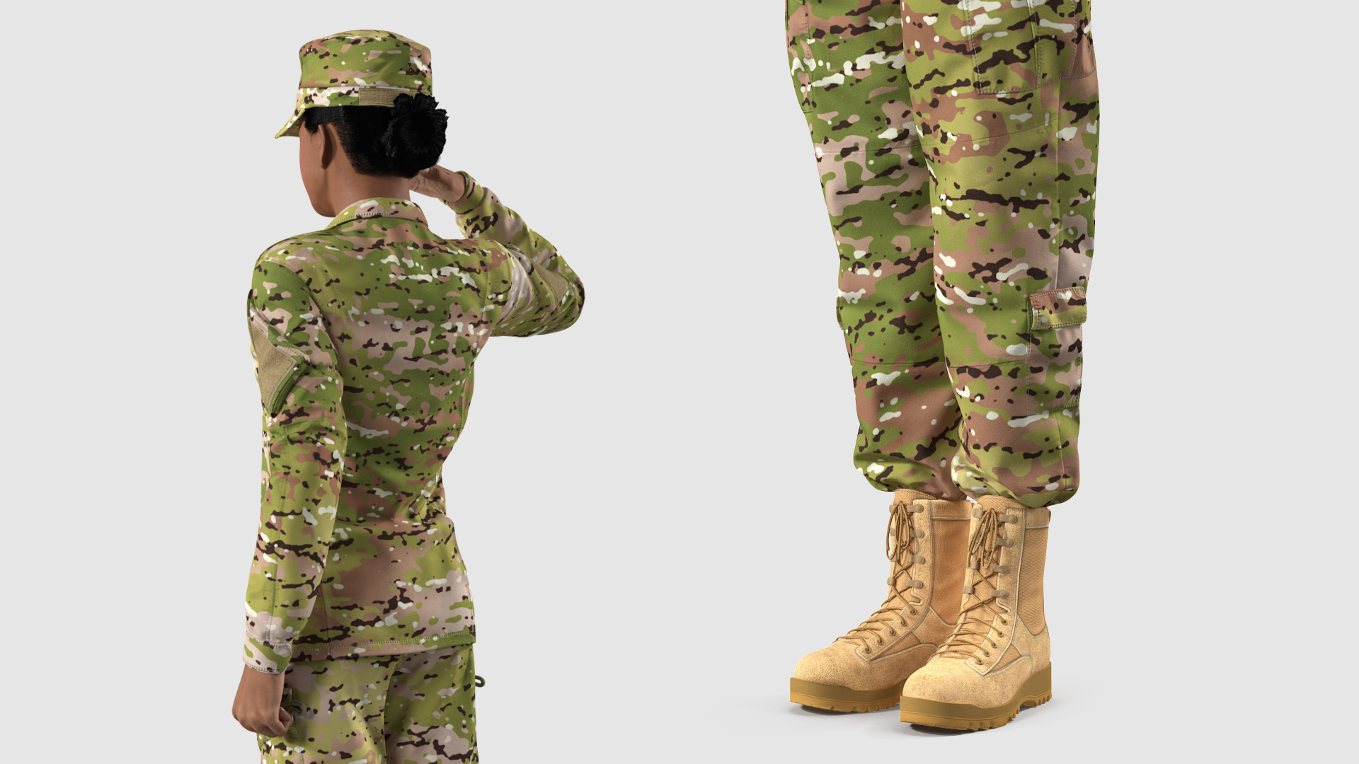 3D model Black Female Soldier Green Camouflage Saluting Pose Fur