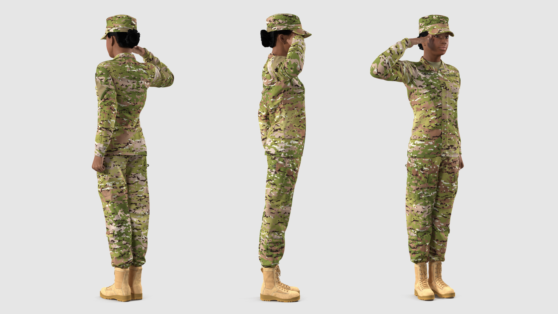 3D model Black Female Soldier Green Camouflage Saluting Pose Fur