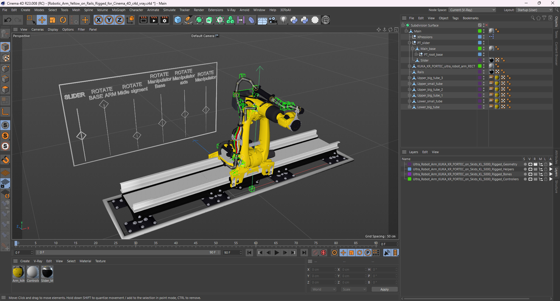 3D Robotic Arm Yellow on Rails Rigged for Cinema 4D model