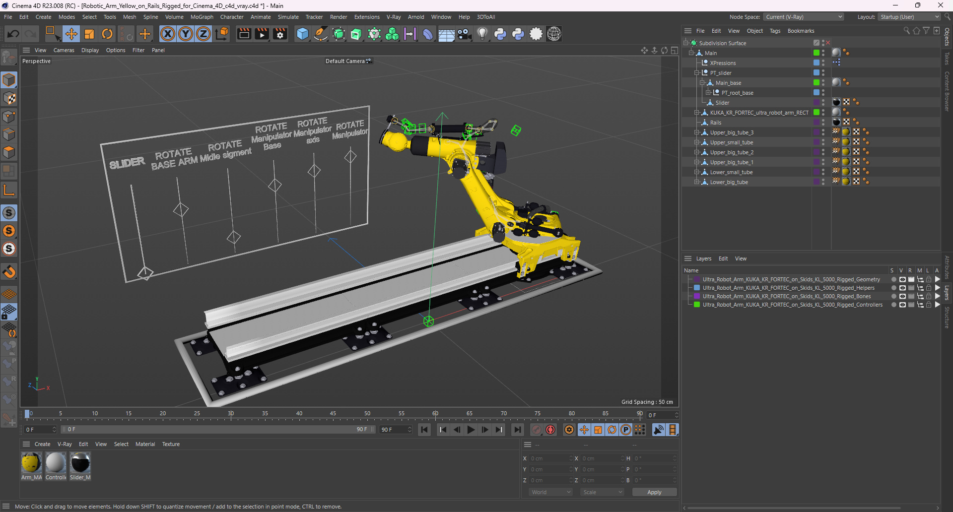 3D Robotic Arm Yellow on Rails Rigged for Cinema 4D model