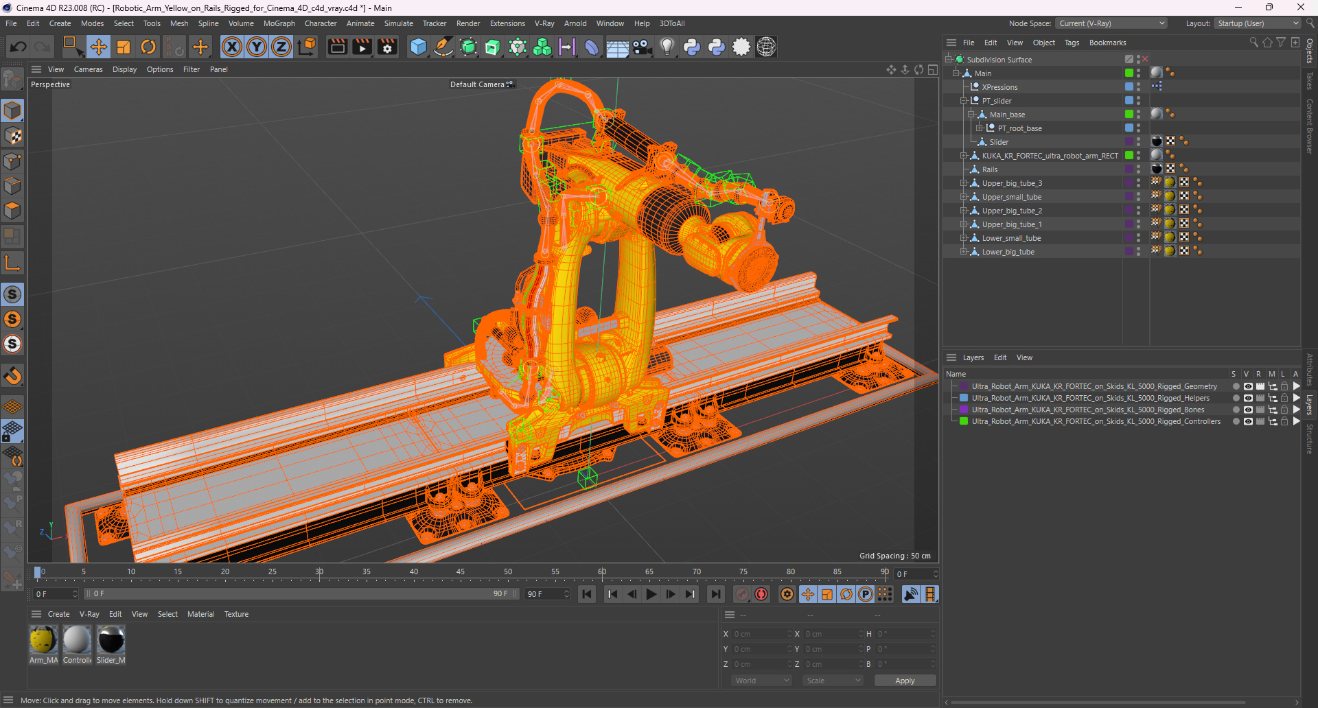 3D Robotic Arm Yellow on Rails Rigged for Cinema 4D model