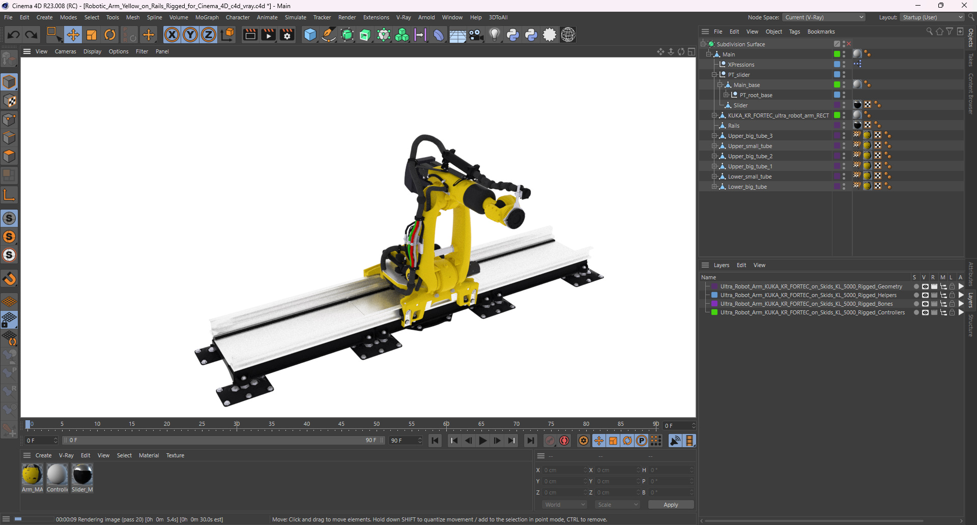 3D Robotic Arm Yellow on Rails Rigged for Cinema 4D model