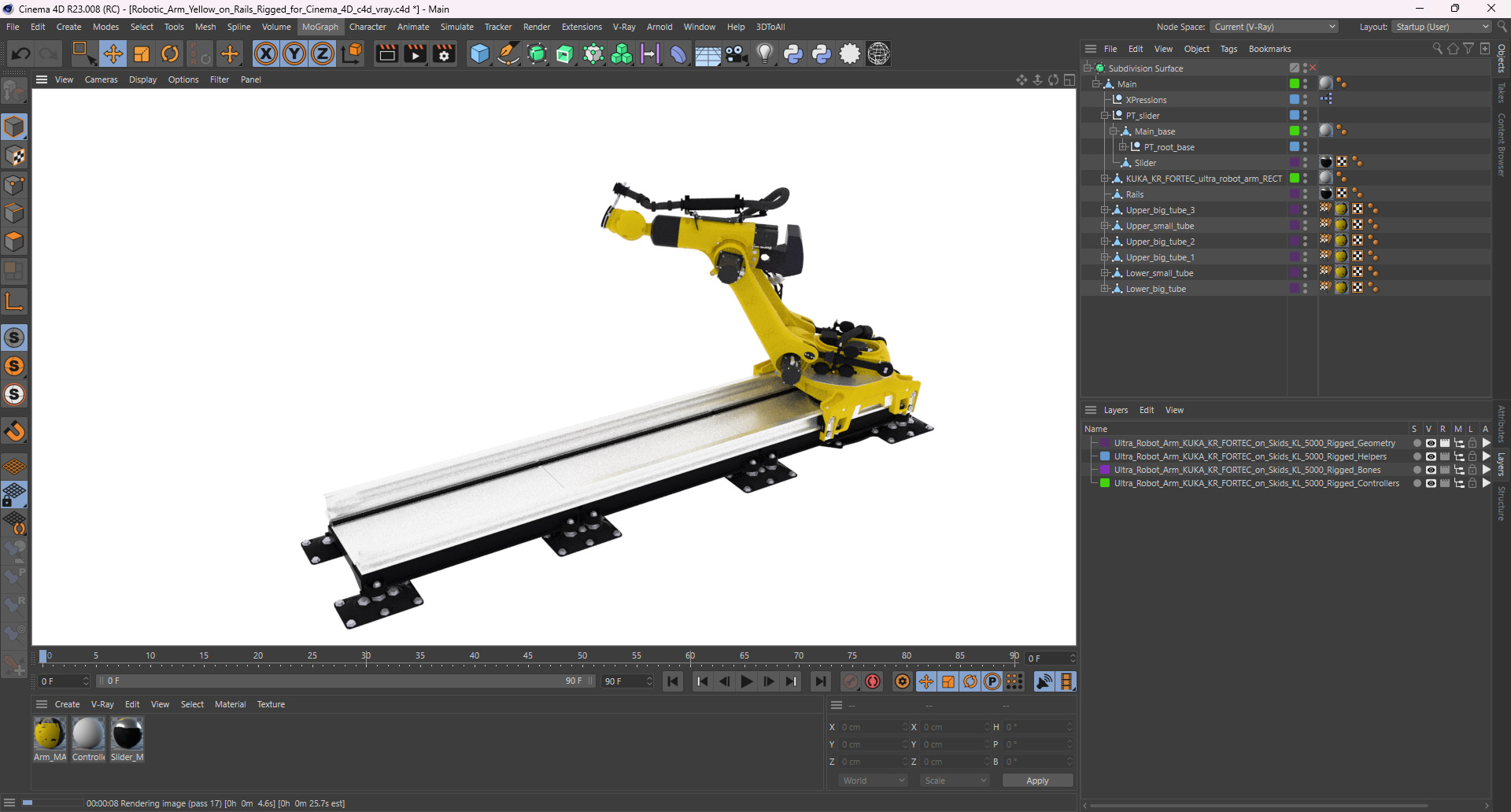 3D Robotic Arm Yellow on Rails Rigged for Cinema 4D model