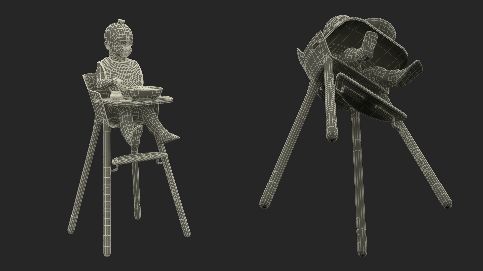 Toddler Girl Eating in High Chair Fur Rigged 3D model