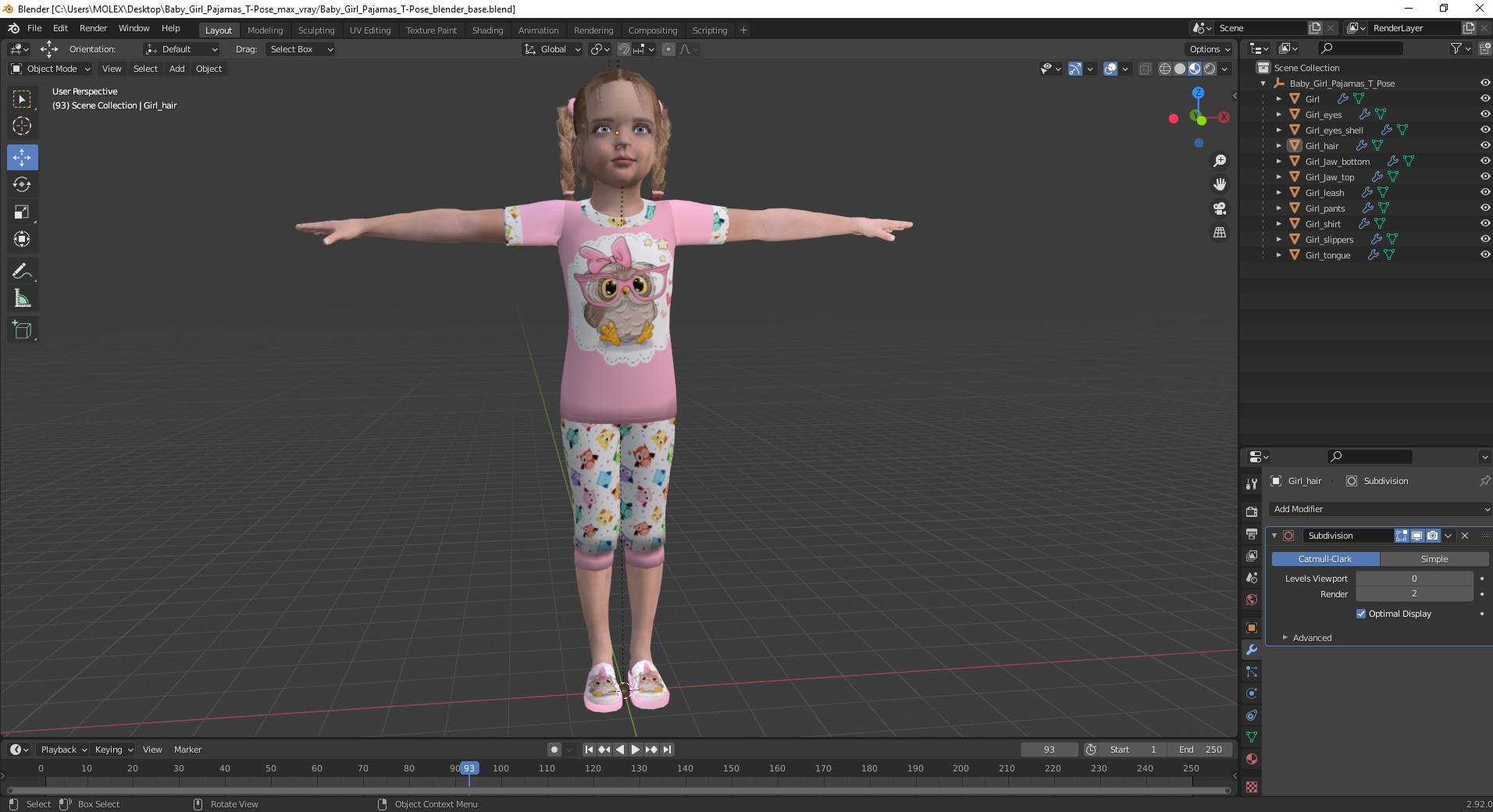 Baby Girl Pajamas T-Pose 3D model