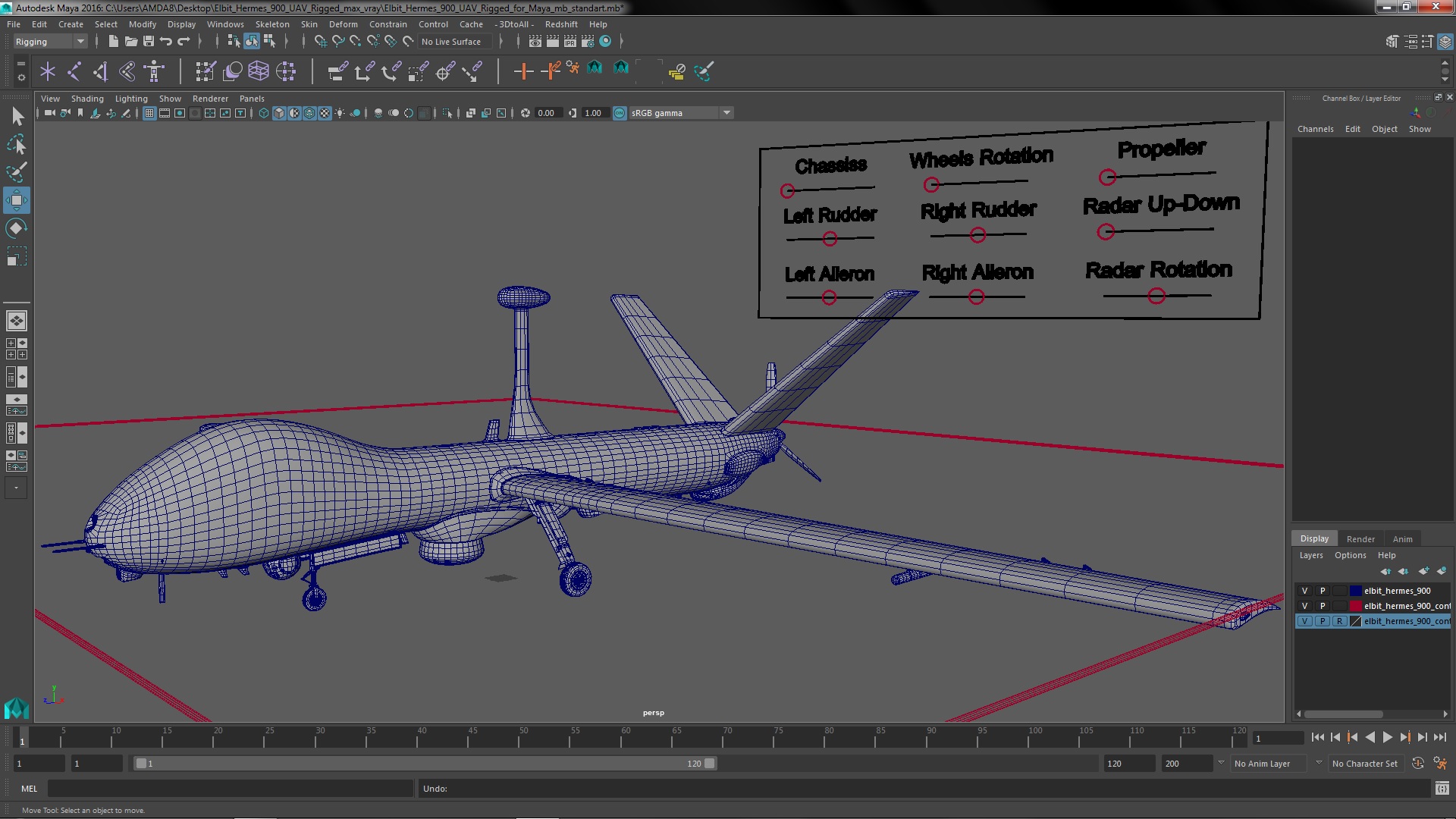 3D Elbit Hermes 900 UAV Rigged for Maya