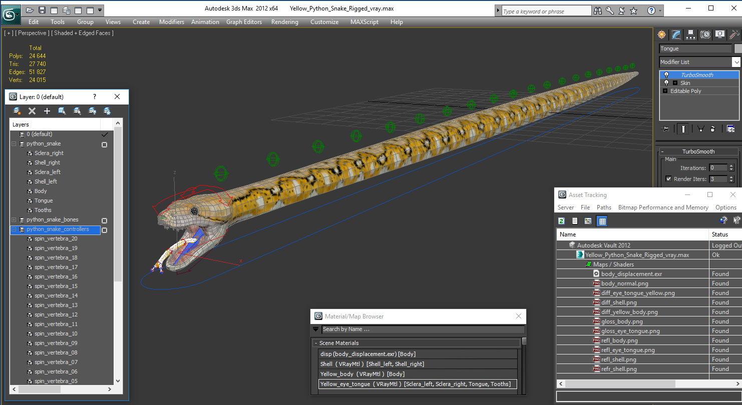 3D Yellow Python Snake Rigged