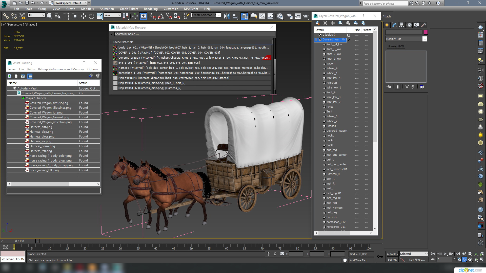 Covered Wagon with Horses fur 3D model