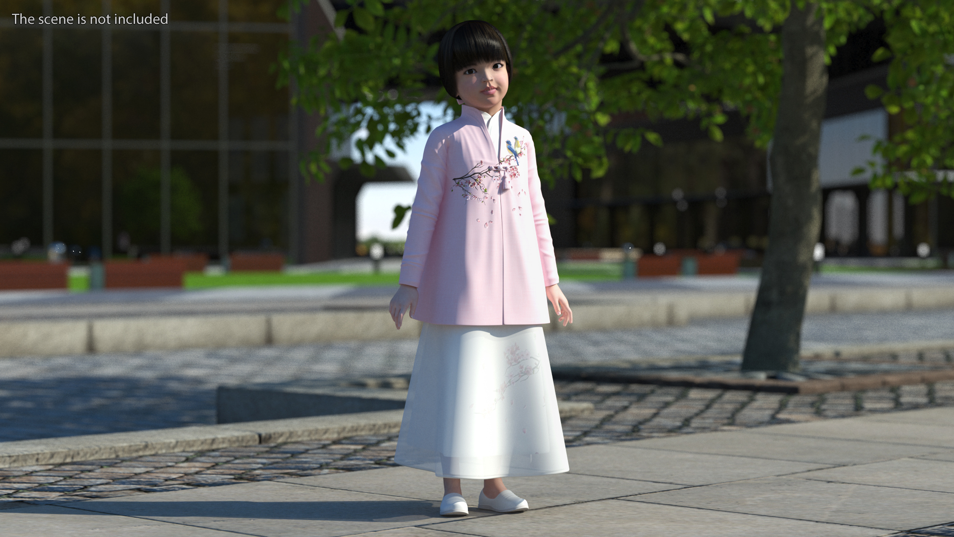 3D Little Chinese Girl in Traditional Clothes Standing