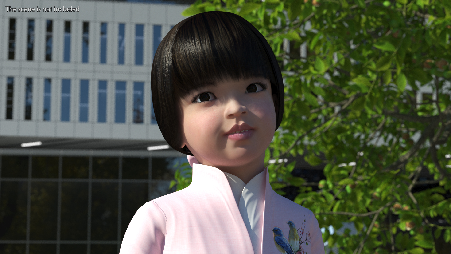 3D Little Chinese Girl in Traditional Clothes Standing